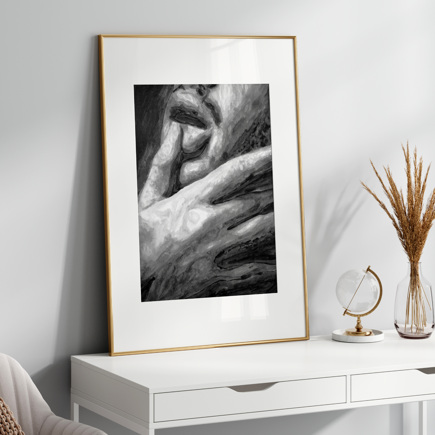 Black and white watercolor portrait of a queer man in side profile, touching his lips with his finger in a soft, expressive gesture.