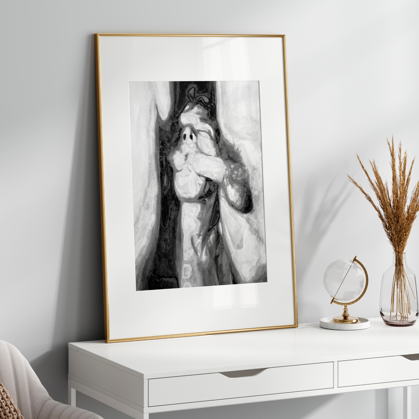 Black-and-white artwork of a man on his knees looking up at two nude men, mouth open and tongue out in a playful, erotic gesture.