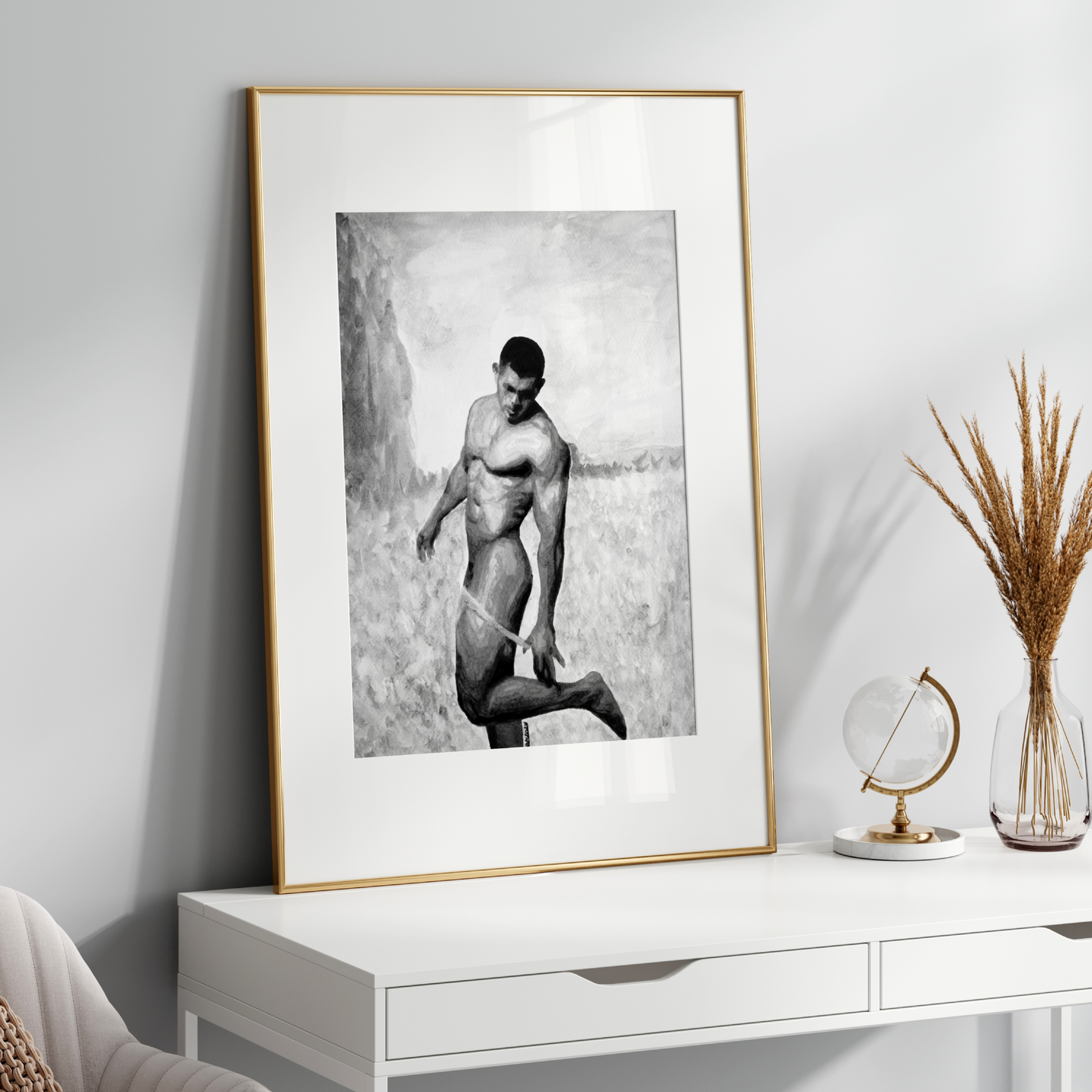 Black and white watercolor of a nude man lifting one leg to undress in a calm field, expressing movement, grace, and queer presence.