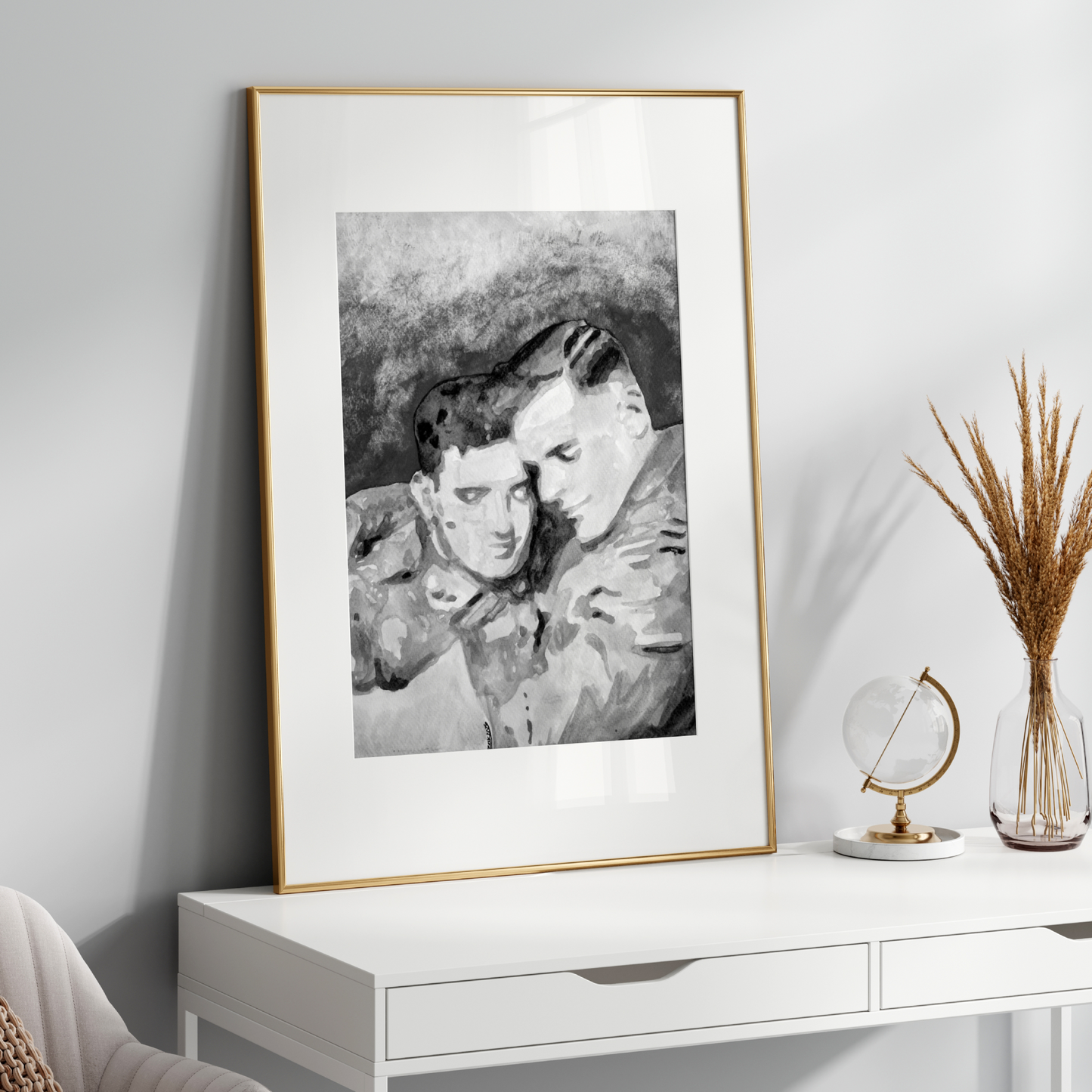 Black and white painting of two WWI soldiers in uniform sharing a tender, secret embrace. A grayscale tribute to queer love in wartime by Zak Pop Art.