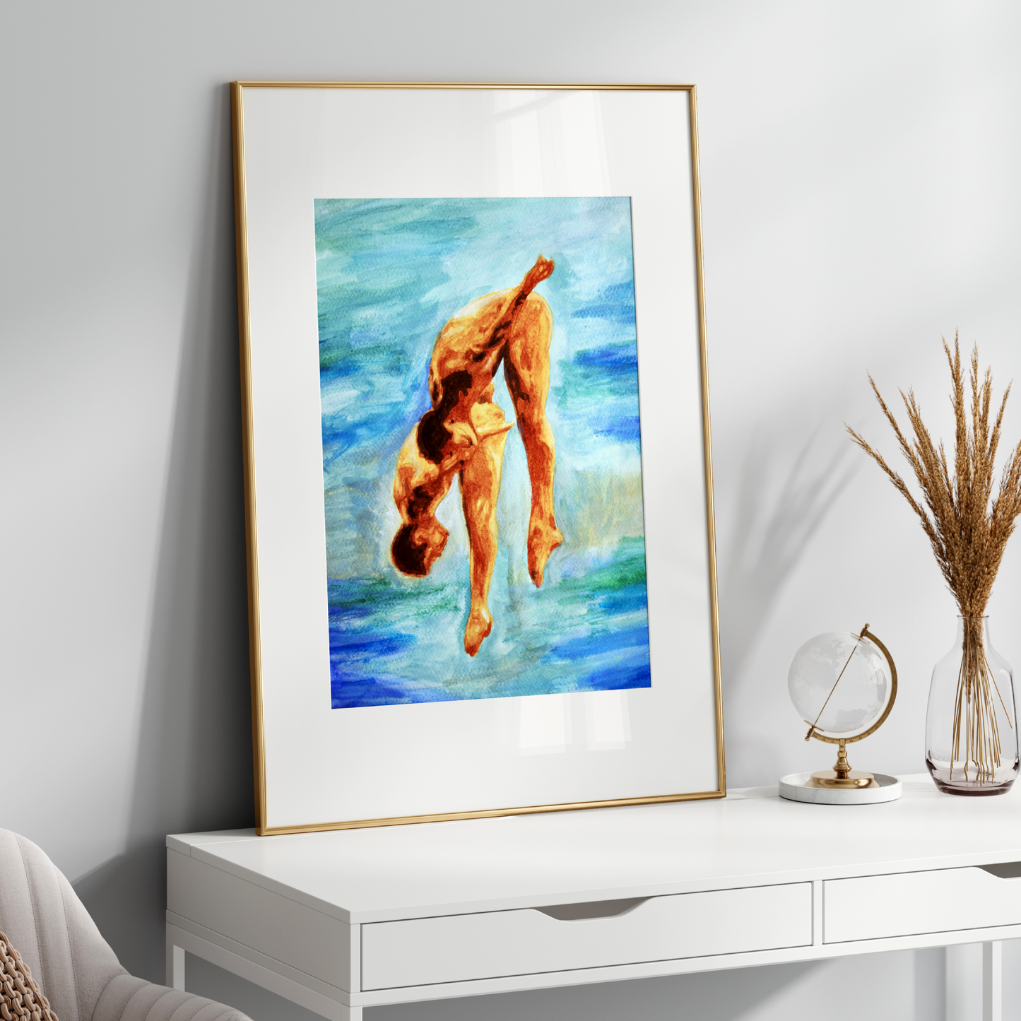 Watercolor of two nude men jumping into a blue pool, with bright colors and expressive movement, capturing joy and intimacy.