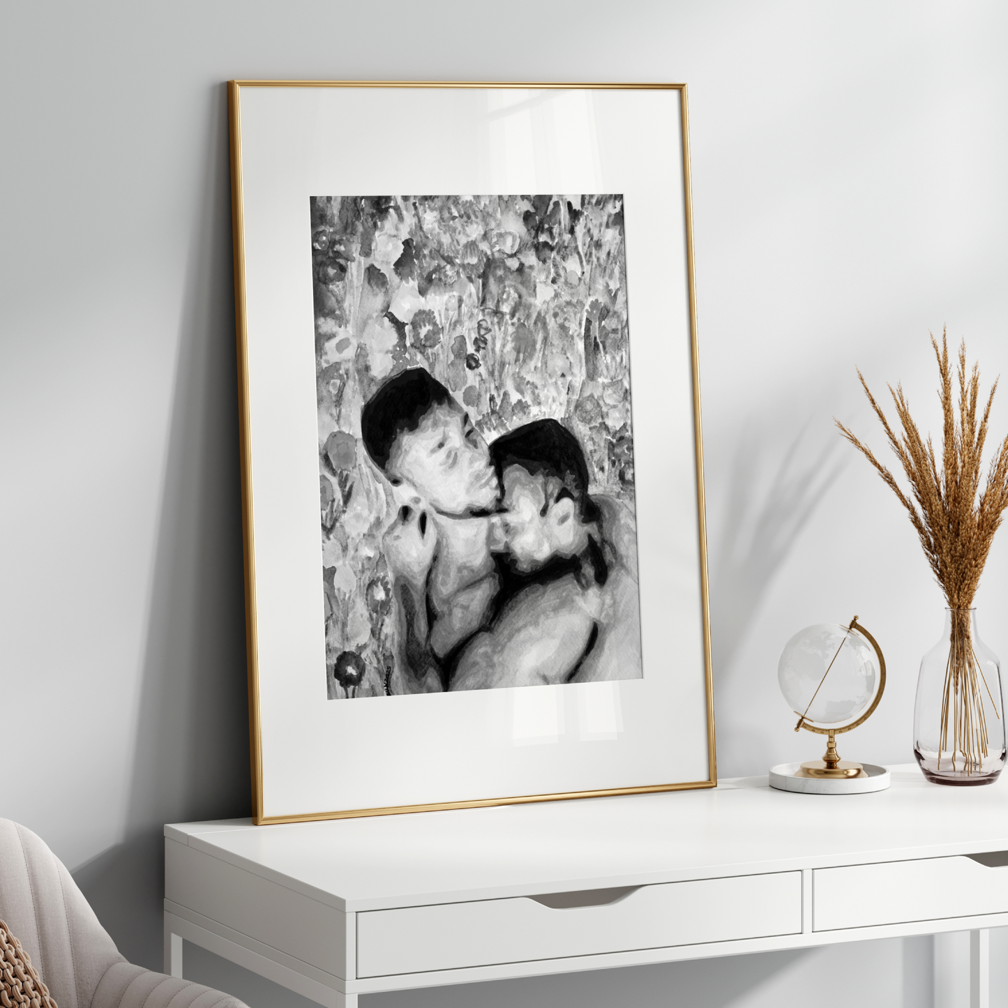 Black and white watercolor painting of two nude gay men embracing tenderly, shown from the waist up. Behind them is vintage floral wallpaper in grayscale, symbolizing queer intimacy and timeless elegance.