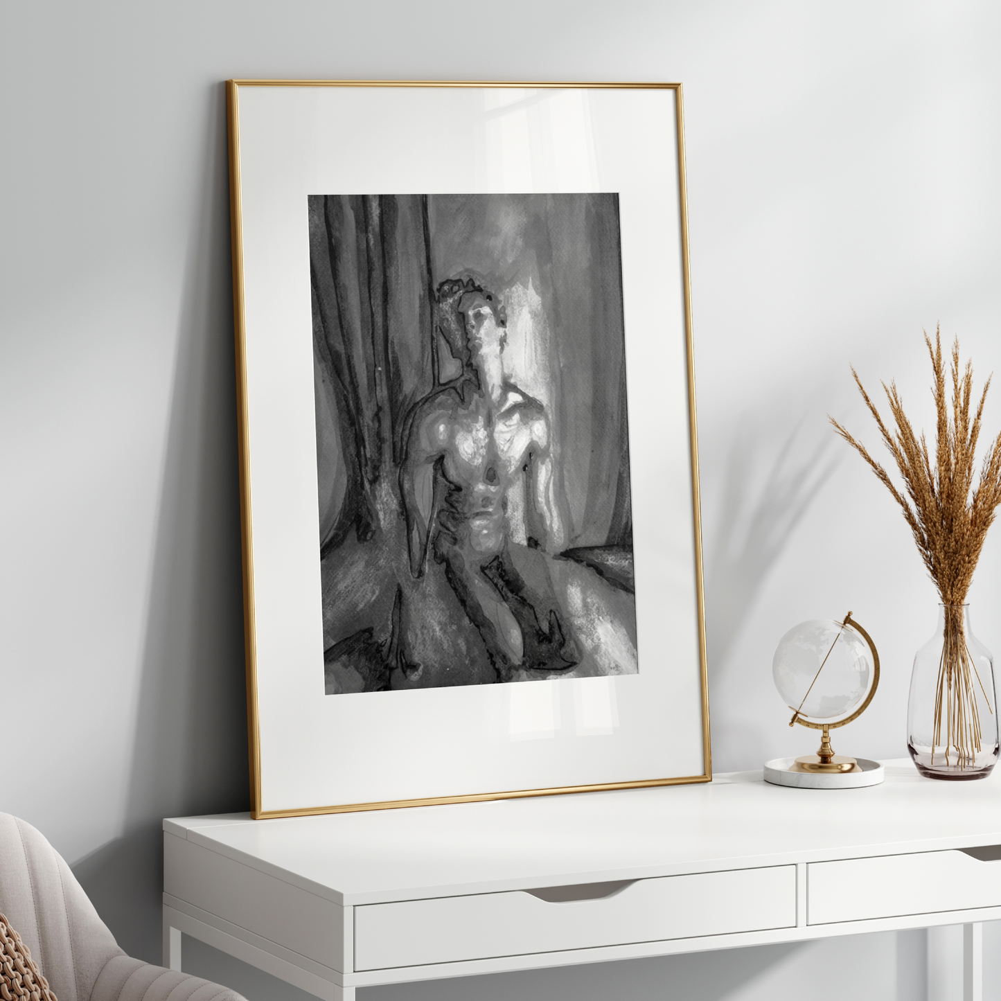 Black and white watercolor painting of a beautiful nude man kneeling, rendered with elegant contrasts and delicate shading, expressing queer grace and strength. Original Zak Pop Art.