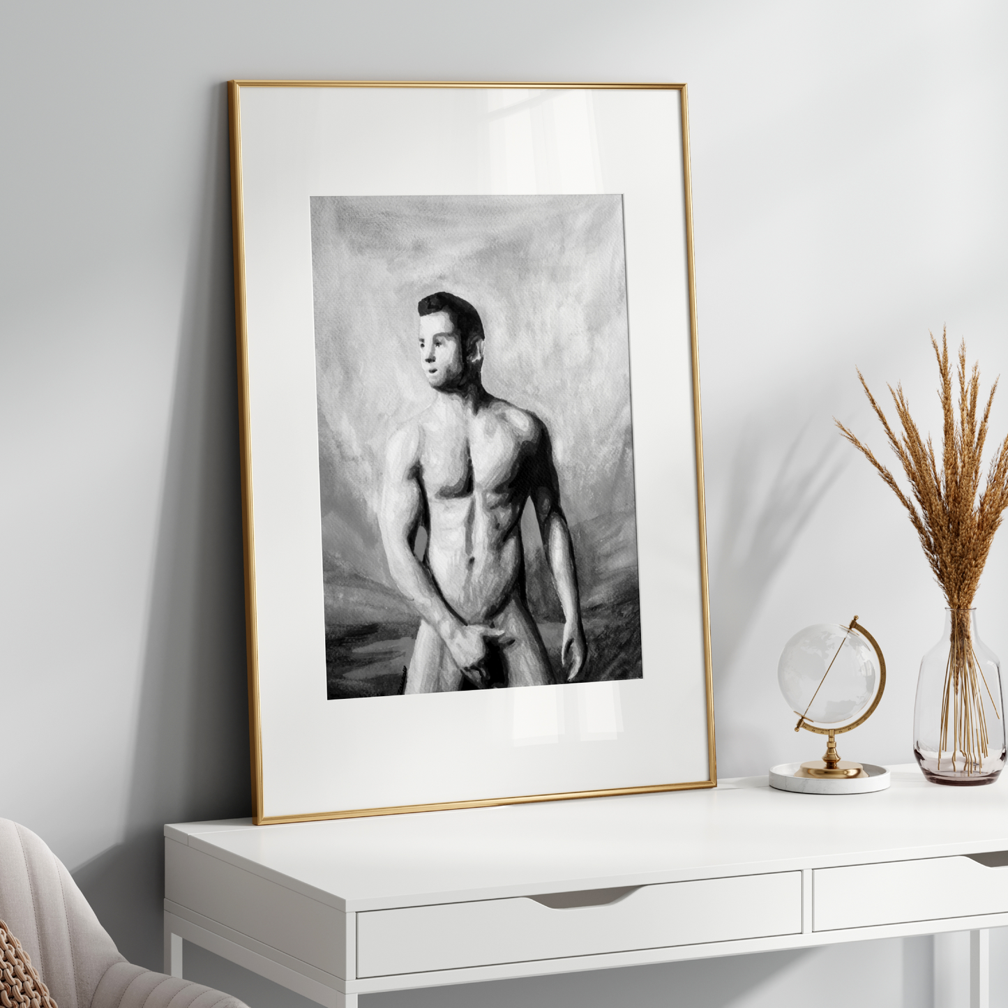 Black and white watercolor painting of a muscular nude man covering himself with his hands, standing beneath a moody sky, symbolizing queer strength, modesty, and emotional presence. Original Zak Pop Art.