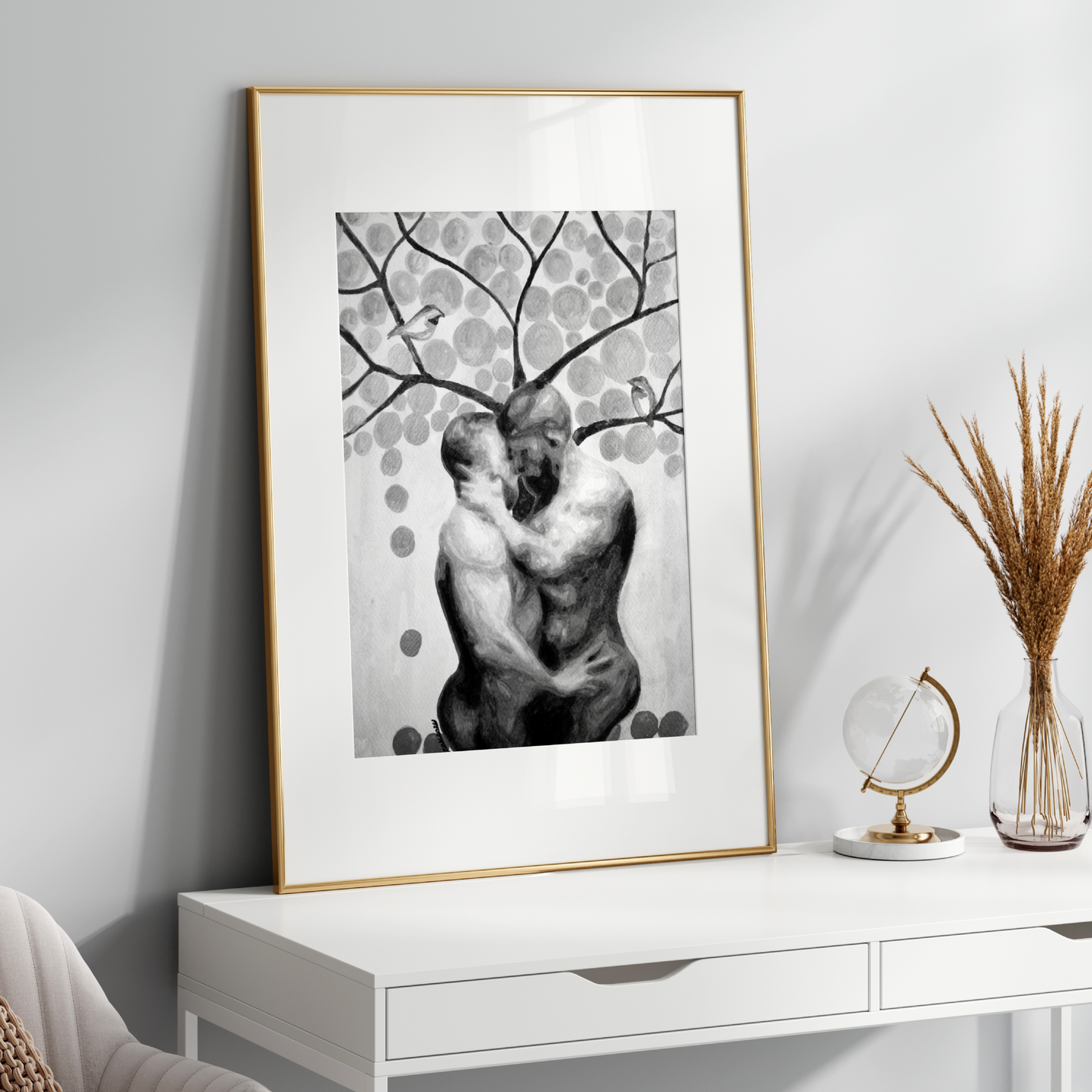 Black and white watercolor painting of two nude men embracing under a tree, with birds and surrounding leaves, expressing queer love, tenderness, and connection. Original Zak Pop Art.