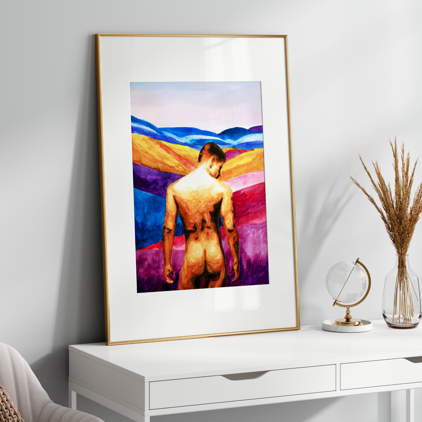 Print of a nude man seen from behind, showing his bare back and buttocks, gazing toward distant, imaginary colorful hills. Minimalist yet expressive LGBTQ+ art print.