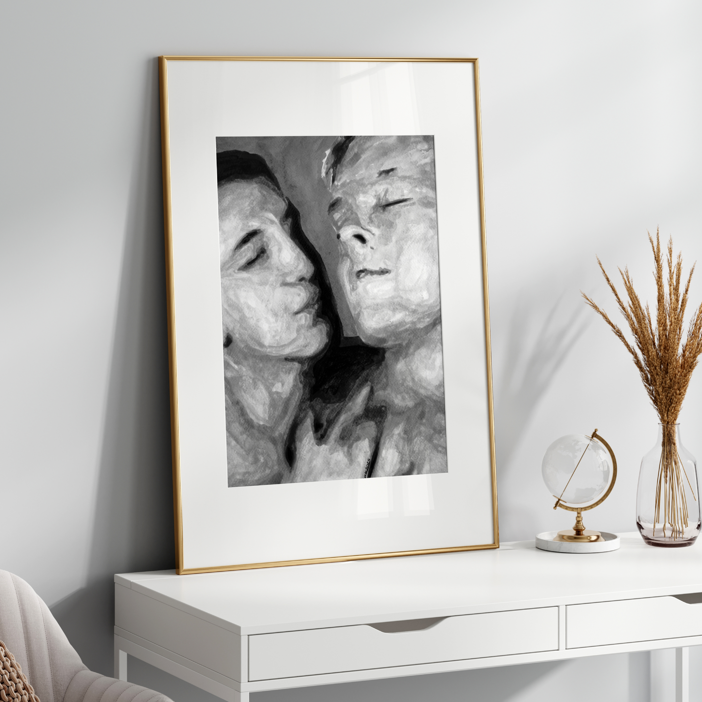 Black and white watercolor painting of a gay couple, one gazing softly at the other, in a gentle romantic moment.