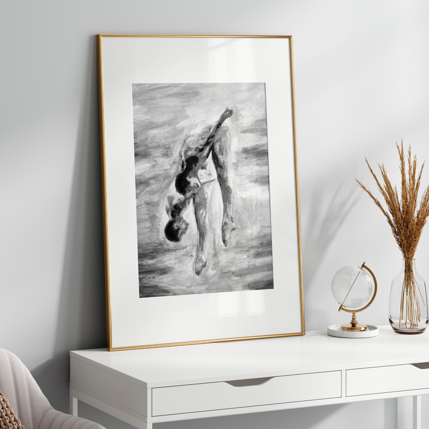 Black and white watercolor of two nude men jumping into water, viewed from behind, grayscale tones with expressive splashes and sky.