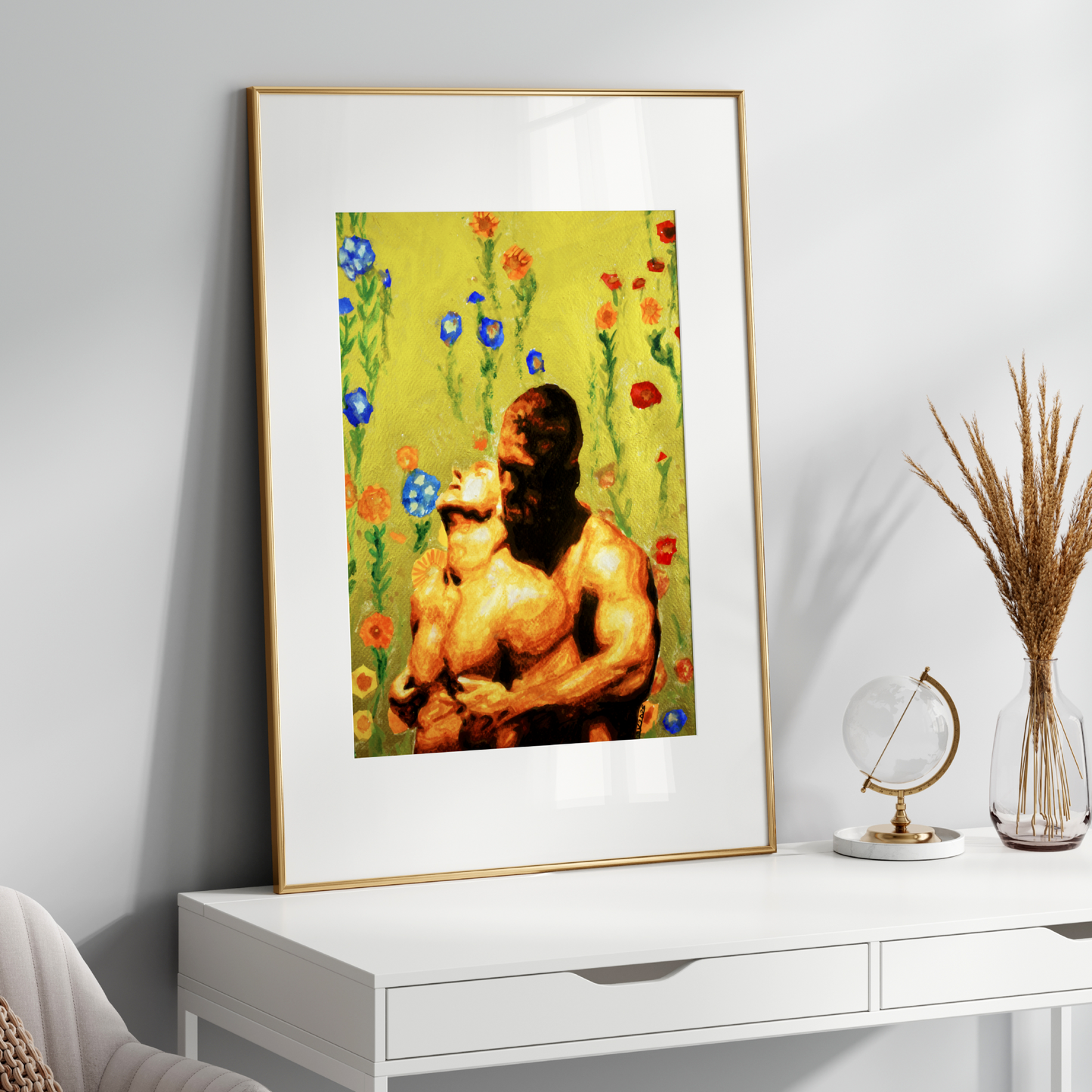 Watercolor painting of a gay couple: one man hugs his partner from behind and kisses his neck. The artwork is painted in warm beige and gold tones with a colorful floral background resembling a vintage shower curtain, symbolizing queer love and home intimacy.
