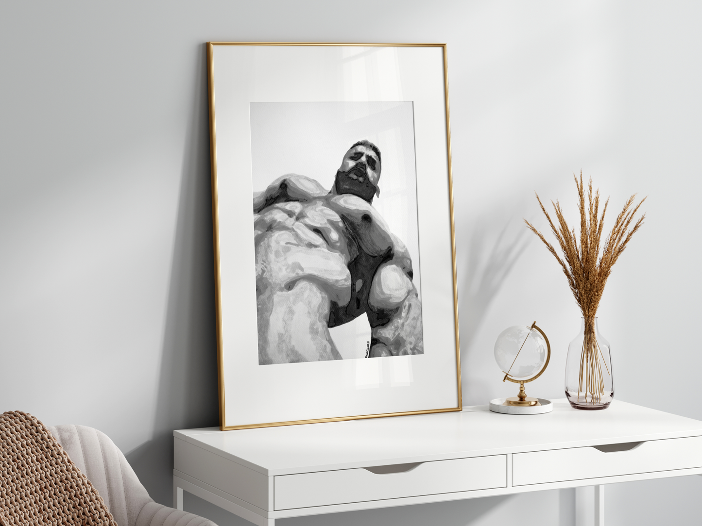 Black and white erotic watercolor art print of a muscular nude male, created by Zak Pop Art. Bold queer artwork highlighting form and sensuality in a minimalist style.