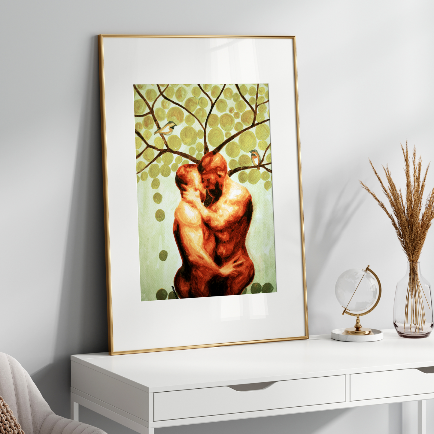Watercolor painting of two nude men embracing under a tree with golden leaves and two birds, symbolizing queer love, peace, and connection in nature. Original Zak Pop Art.