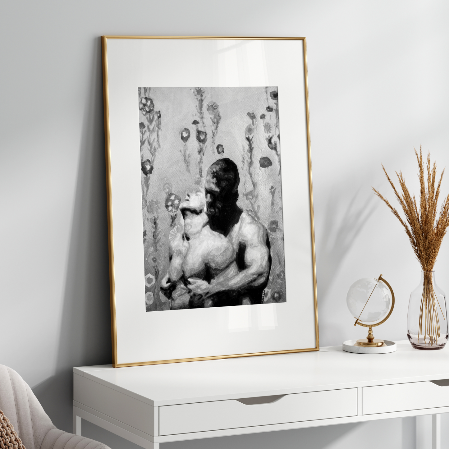 Black and white watercolor of a gay man hugging and kissing his partner's neck from behind. The background shows a grayscale floral pattern inspired by classic shower curtains, creating a sense of quiet domestic queer intimacy.