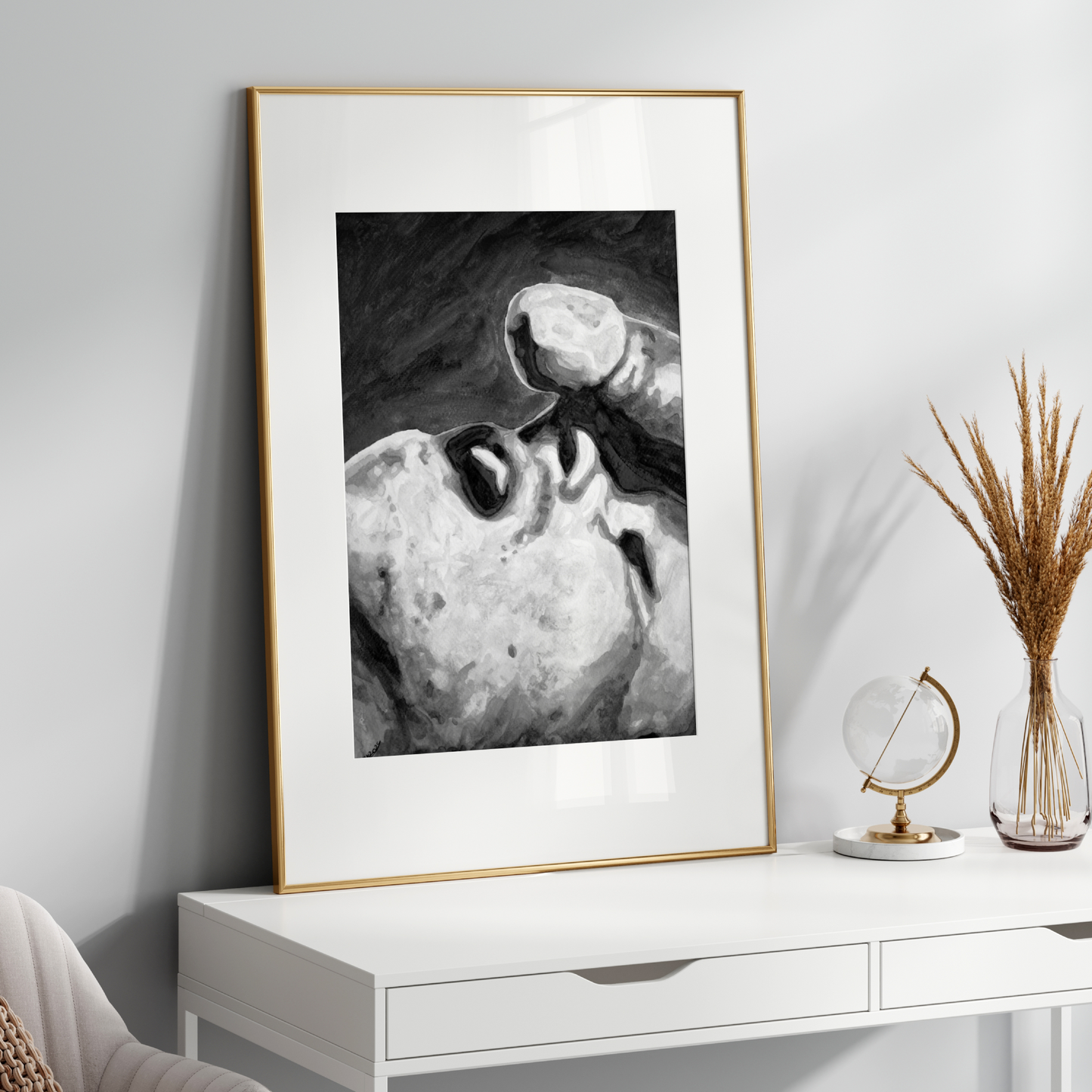 Black and white watercolor of two men, one gazing upward toward another’s body. A minimalist and sensual LGBTQ+ artwork by Zak Pop Art.