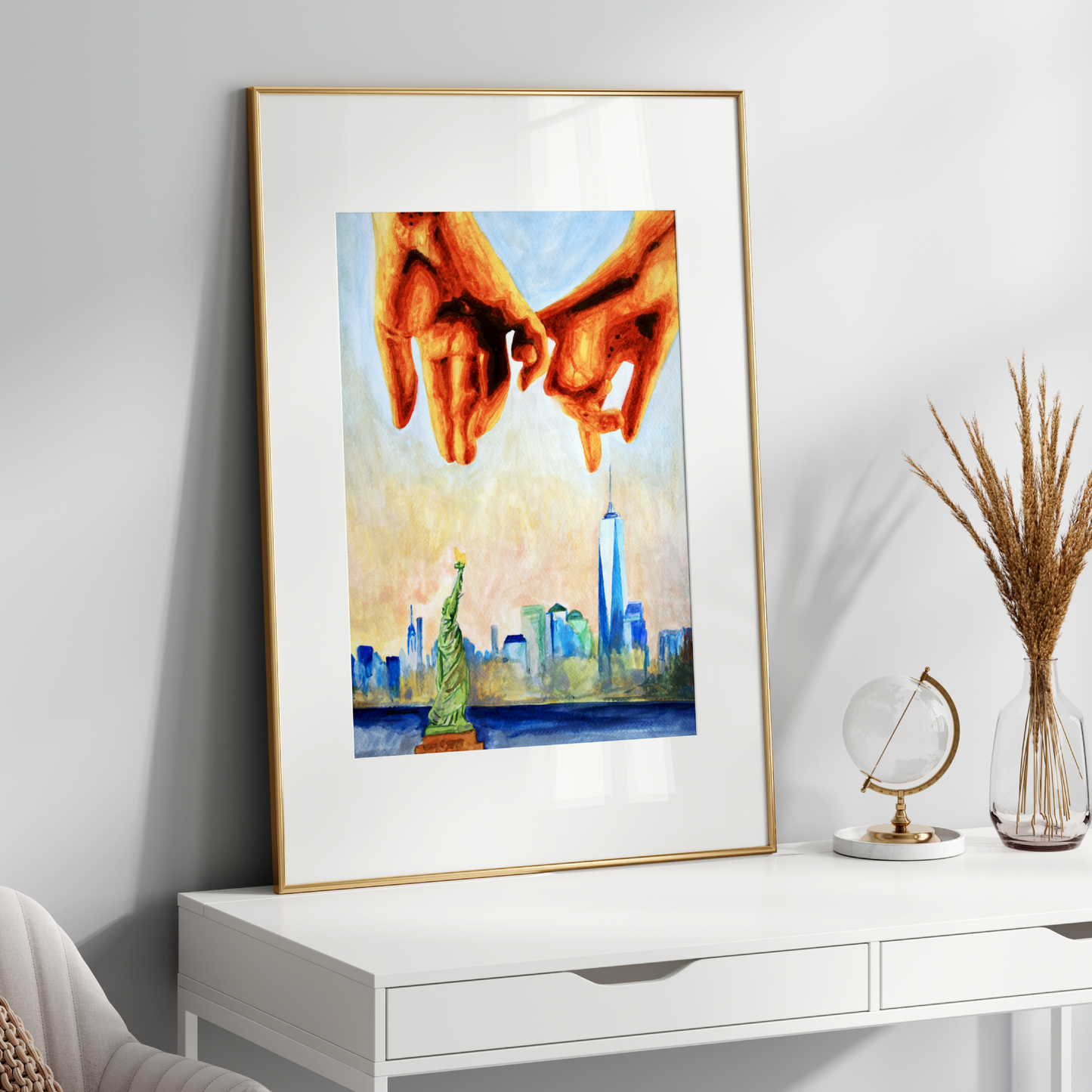 Watercolor painting of a gay couple making a pinky promise, with their hands interlocked in the foreground. Behind them, the New York City skyline and the Statue of Liberty appear under a soft pink sky. LGBTQ+ pride colors are subtly blended into the artwork, symbolizing queer love and freedom.