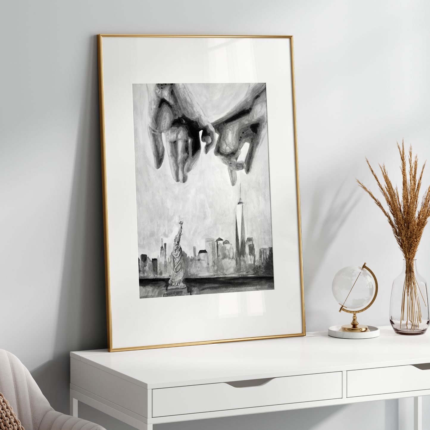 Black and white watercolor print of two gay men making a pinky promise with interlocked hands in the foreground. Behind them, the NYC skyline and Statue of Liberty are softly illustrated, symbolizing queer love and freedom.