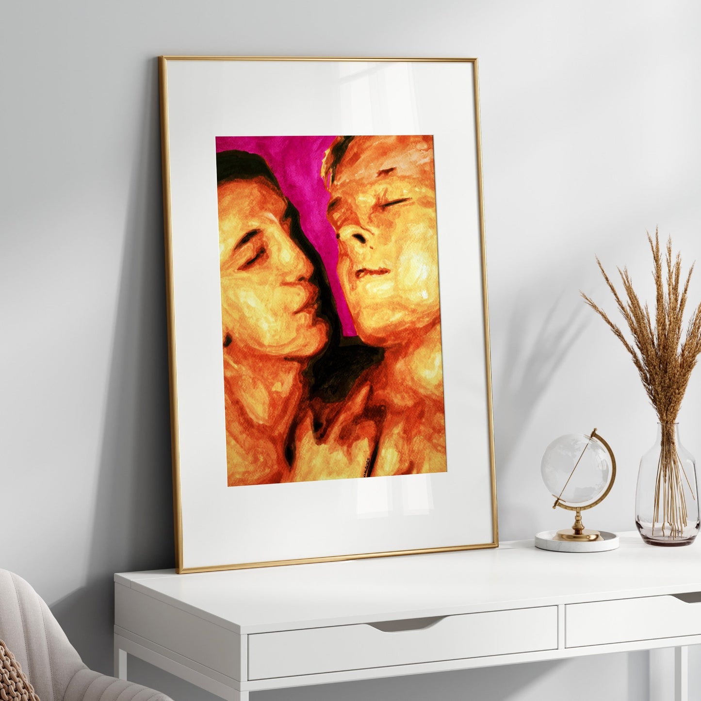 Watercolor painting of two gay men, one looking affectionately at the other, with warm skin tones and a soft pink floral background.