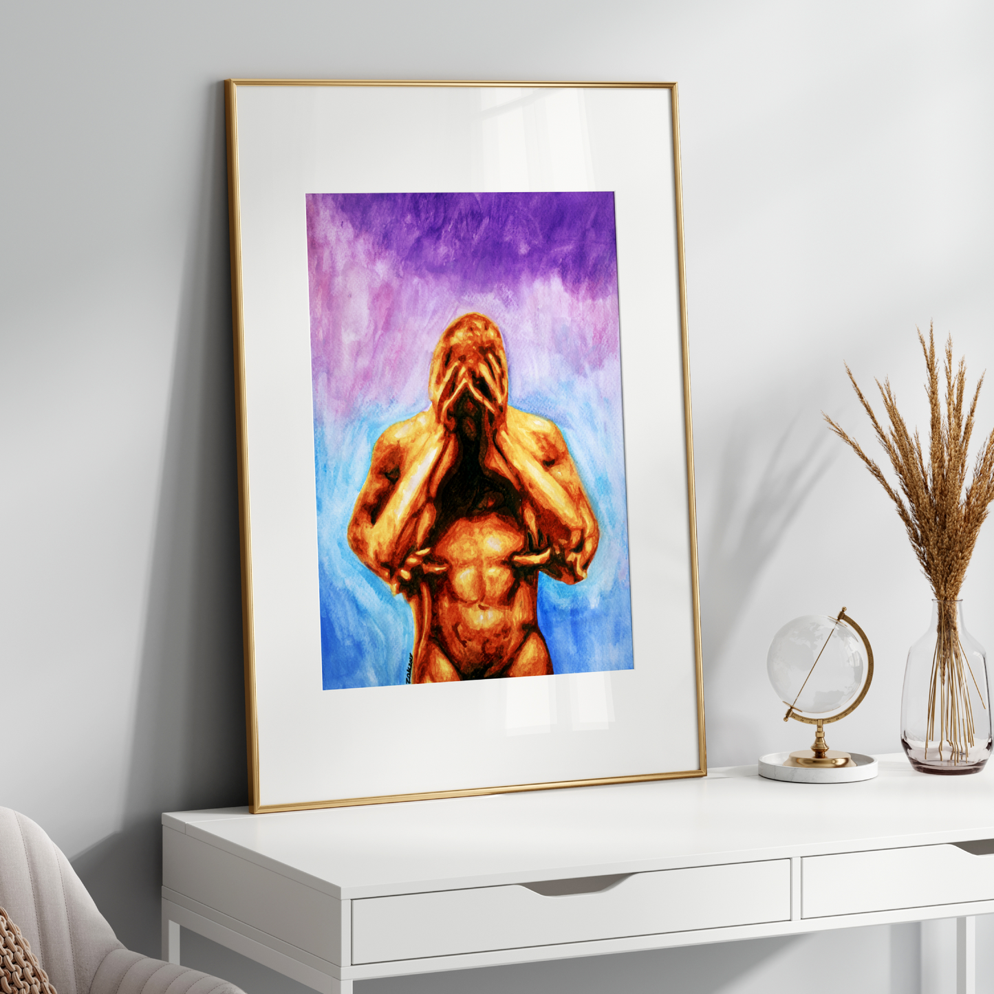 Watercolor of a muscular nude man holding his head in distress while another man gently hugs him from behind, with a blue and purple background.