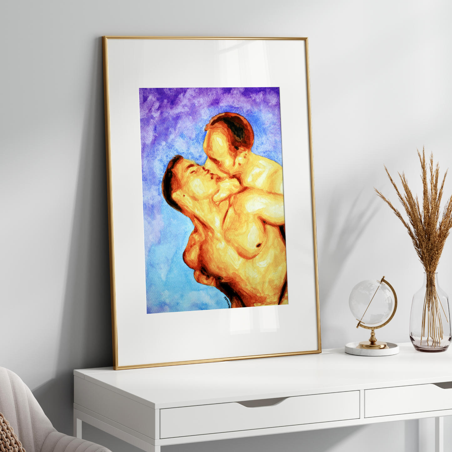 Watercolor painting of two shirtless men lovingly embracing under a clear blue sky. A romantic LGBTQ+ artwork by Zak Pop Art.