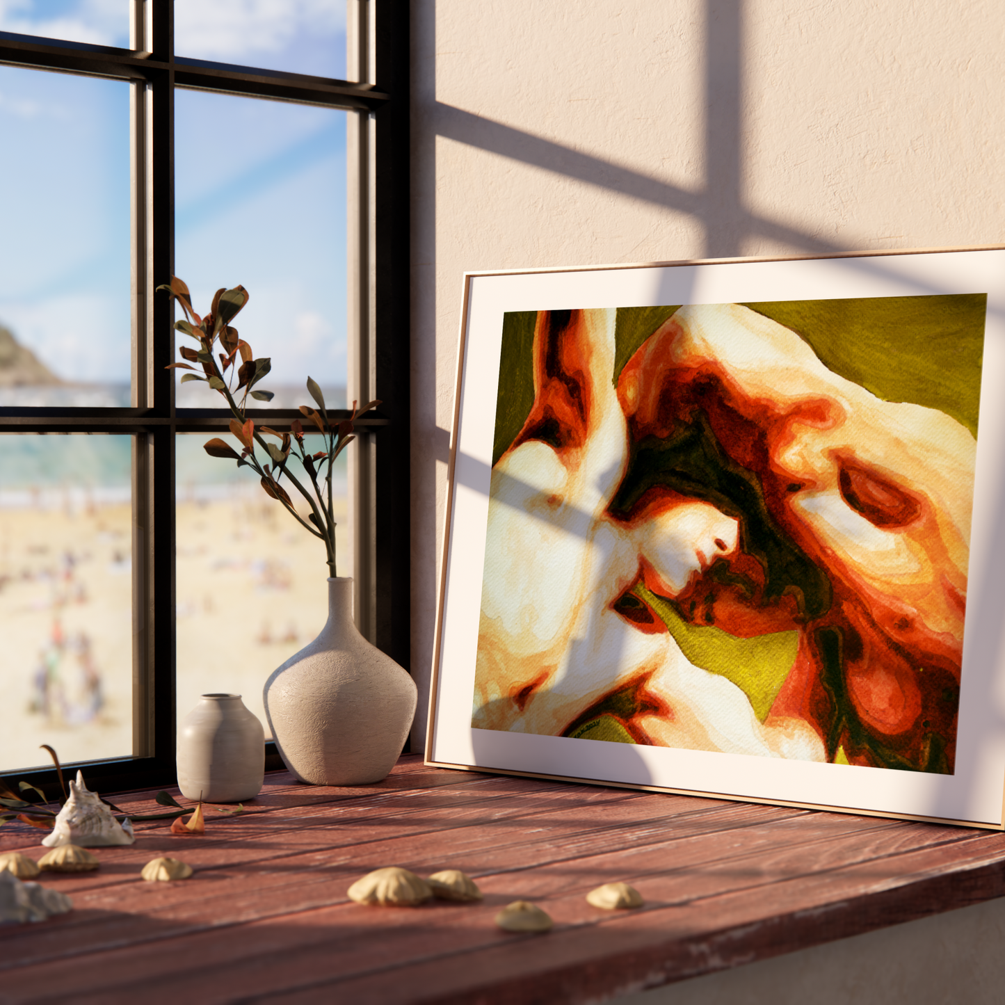Framed abstract artwork on a wooden shelf with a window view