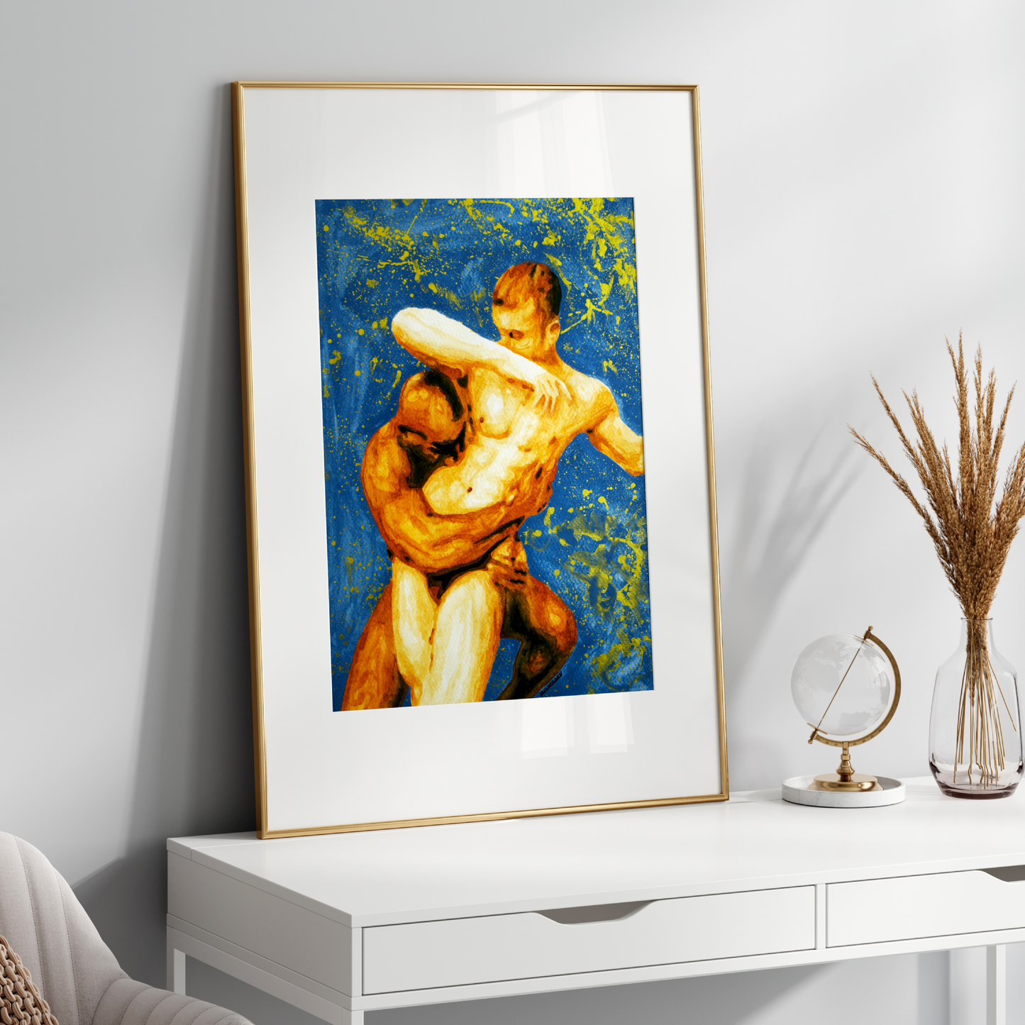 Framed artwork of two muscular figures on a white wall above a white console table.