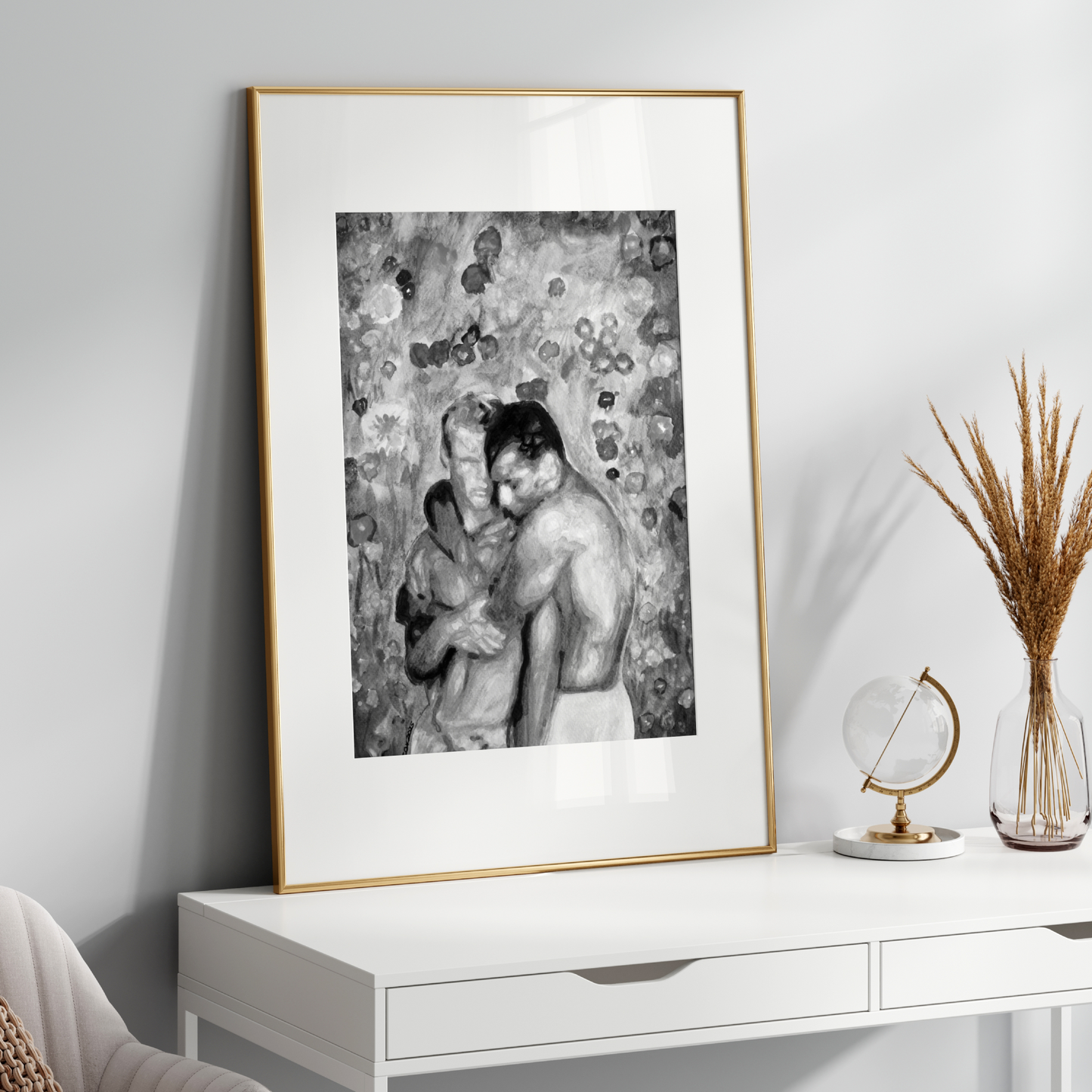 Black and white watercolor art of a gay couple embracing affectionately in front of a flower-filled garden. A minimalist, emotional tribute to same-sex love and LGBTQ+ identity.