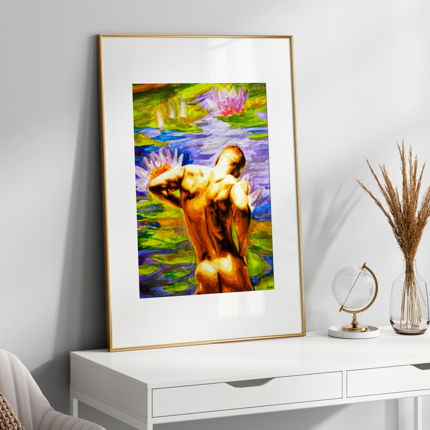 Framed abstract artwork on a white wall above a white console table.