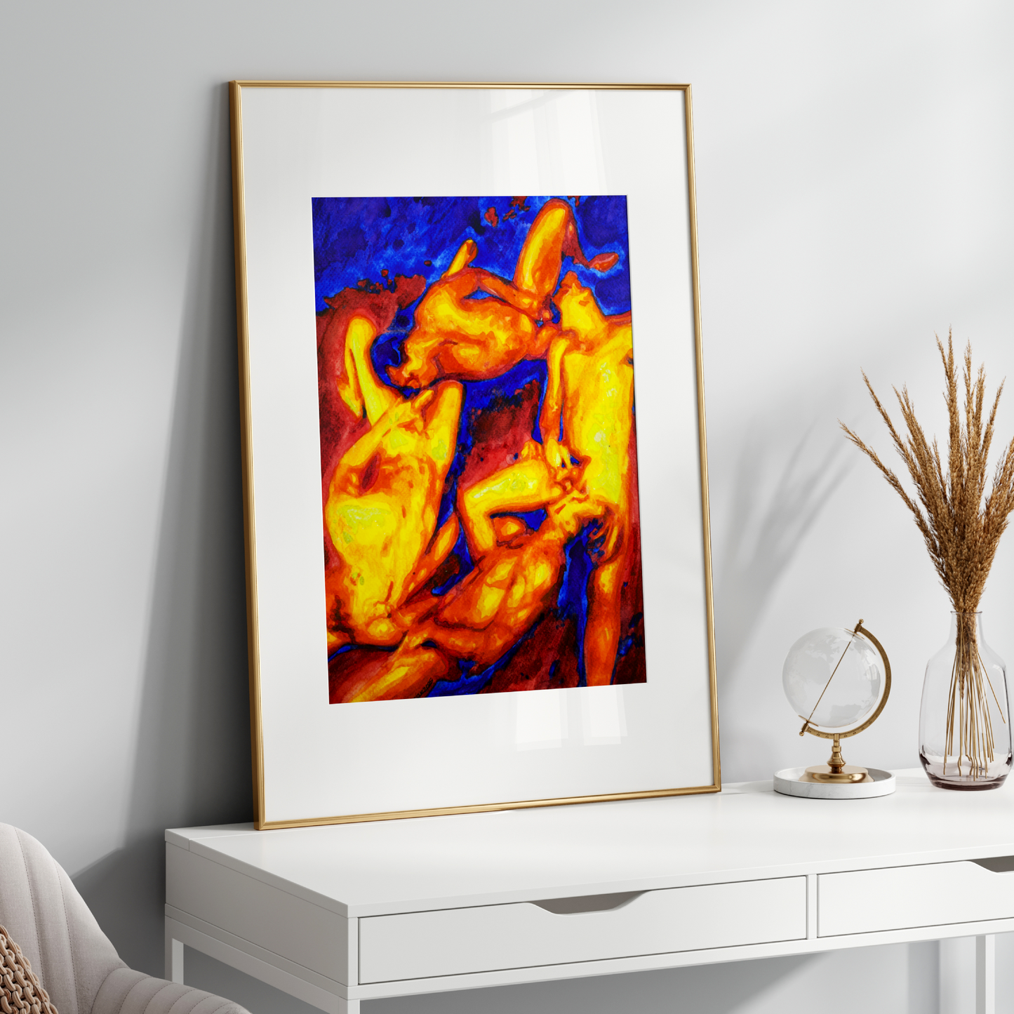 Watercolor painting of four nude queer figures in a circular composition, using warm and cool tones to depict a sensual and emotional erotic scene. Zak Pop Art.