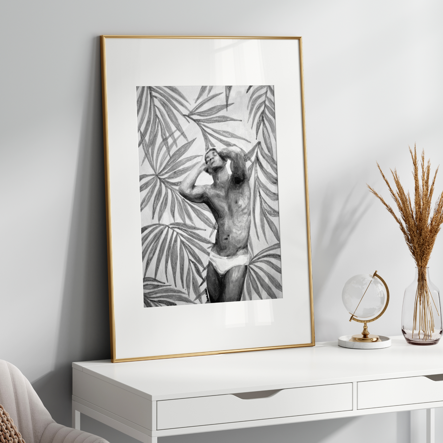 Black and white watercolor painting of a muscular man in underwear with tropical palm leaves background, showing bold Miami style and queer pride through strong contrasts and delicate shading. Original Zak Pop Art
