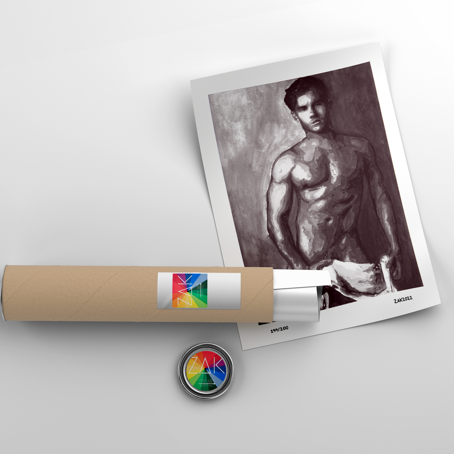 This image features a striking Giclée print titled "Romanian," perfect for gay male couples and art enthusiasts. The print captures a moodily lit, black-and-white photograph of a male figure, emphasizing the play of light and shadow across the figure's muscular form.
