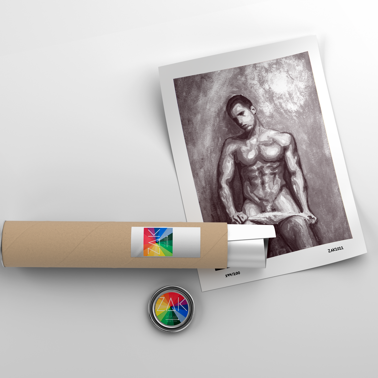 This image features a striking black and white print of a gay male dancer, presented in a modern, erotic style. The artwork is a Giclée reproduction of an original painting, hand-signed and numbered by the artist, emphasizing its exclusivity and high quality.