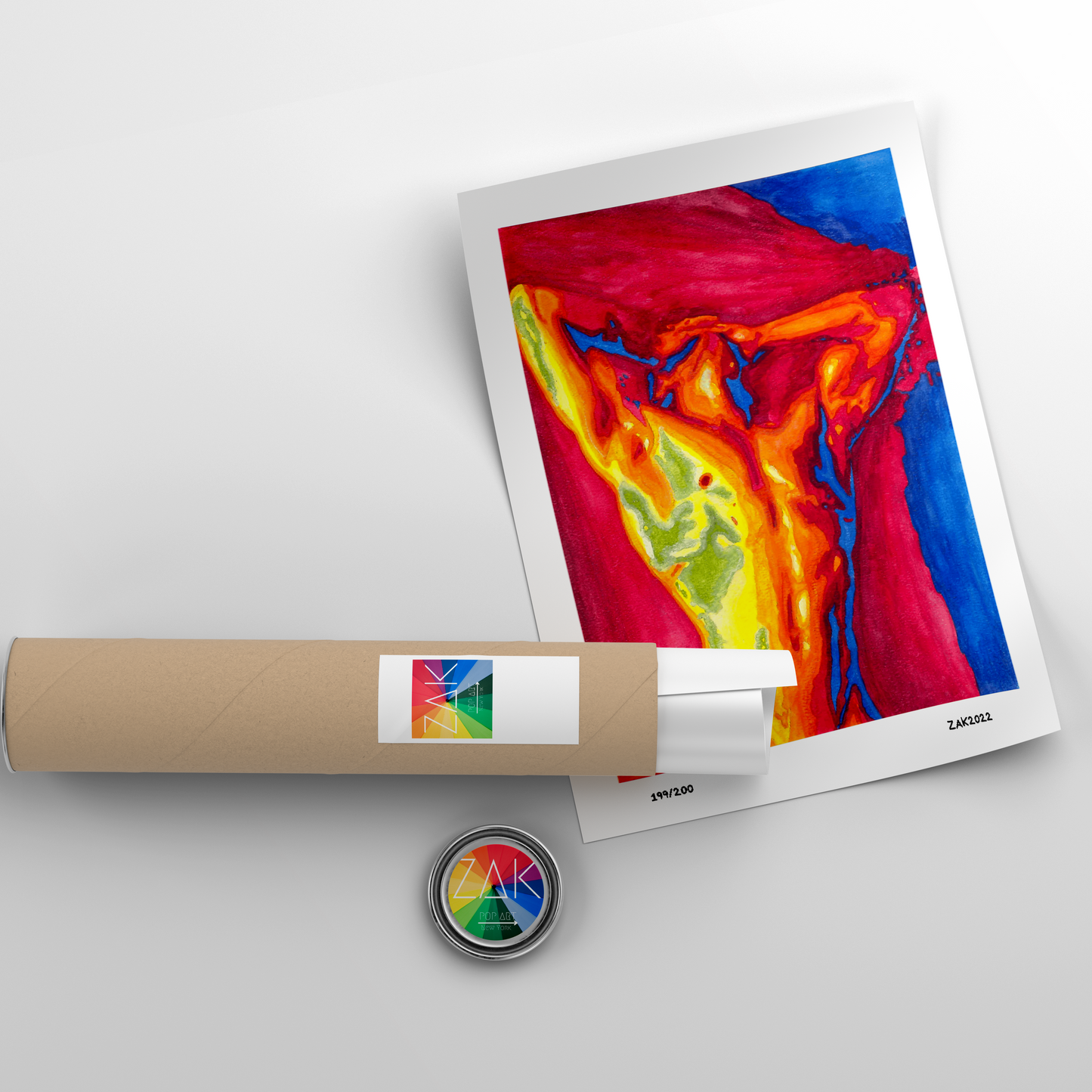 This image displays a striking piece of art titled "The Scream 2," featuring a vivid and abstract depiction of a nude male figure. The artwork is rendered in watercolor, showcasing a blend of fiery reds, oranges, and yellows with cool blues and greens, creating a powerful visual contrast.
