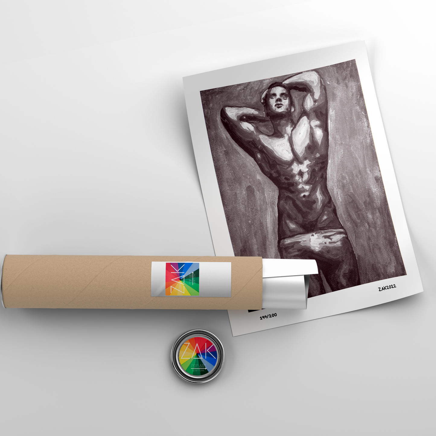 This image features a striking black and white art print titled "Male form (B&W)," which portrays a nude male figure in a contemplative and elegant pose. The artwork is highlighted by its contrasting light and shadow, emphasizing the muscular texture and form of the figure.