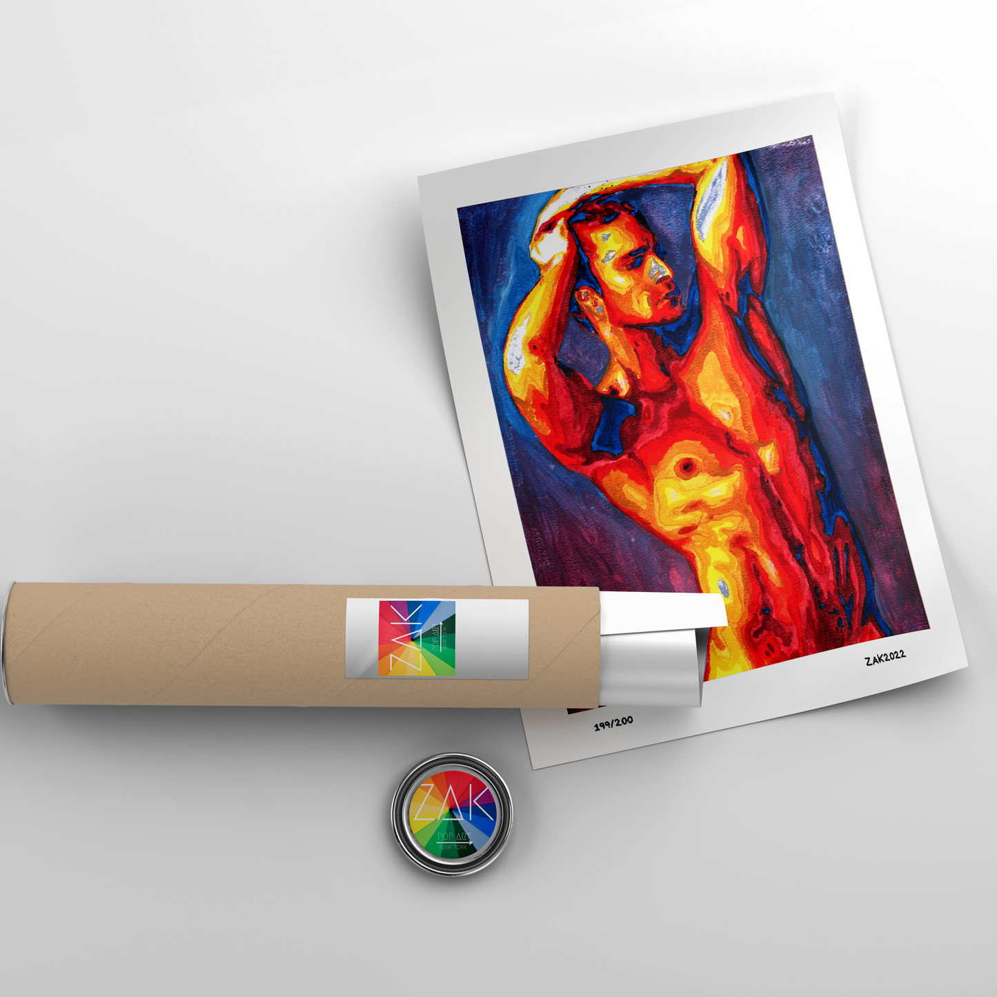 This image features a striking Giclée print titled "Modeling," which portrays an erotic sketch of a naked male figure. The artwork is vibrant and colorful, capturing the male figure in a flattering and artistic pose.