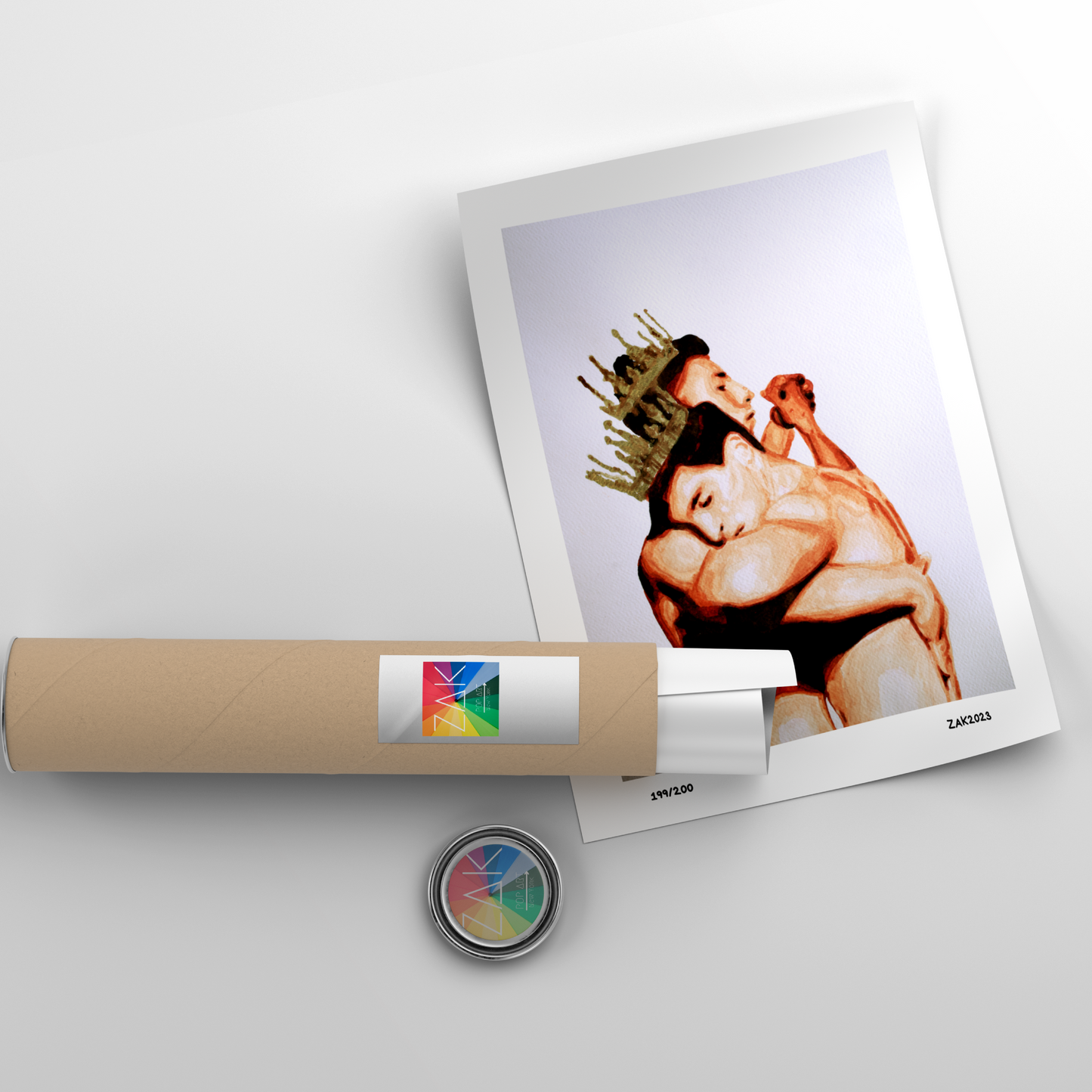 A framed watercolor print featuring a same-sex couple with crowns on their heads, embracing each other.