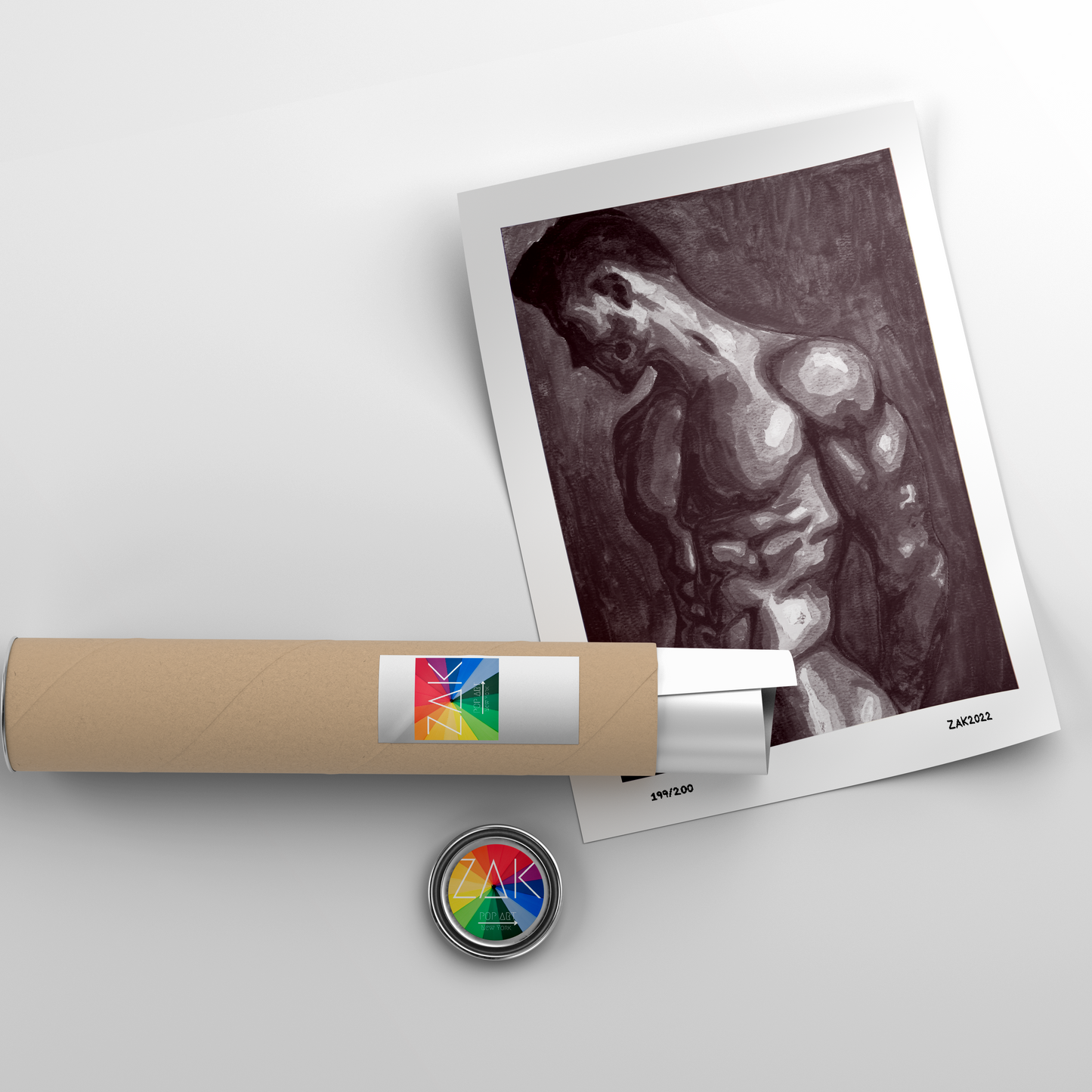This image features a striking black and white art print titled "Made with Coffee (B&W)." It depicts an elegant, minimalist painting of a male figure, highlighting the play of light and shadows across the human form.