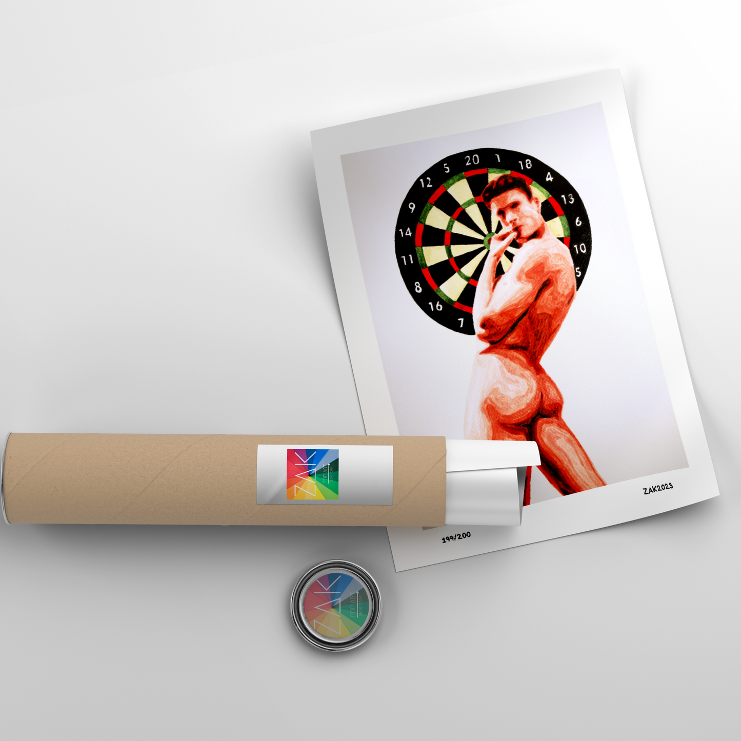 This image features an exclusive and striking print titled "Dartboard." The artwork combines a sensual depiction of a male nude figure with an erotic dartboard design, creating a unique blend of LGBTQ home decor.