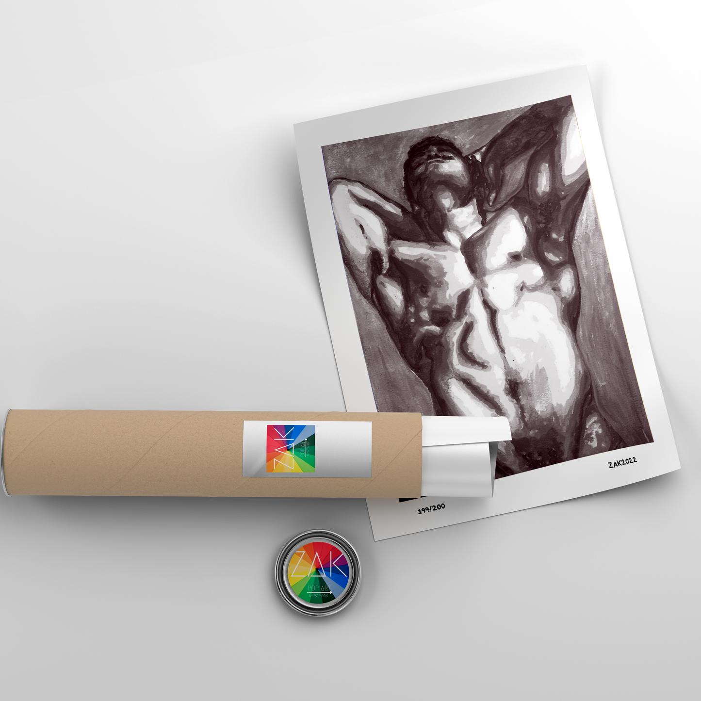 This image features a striking black and white print titled "Relaxation," which portrays a male figure in a state of rest. The artwork is a Giclée print on acid-free, PH-neutral archival paper, using Canon's high-quality pigment-based inks, ensuring a superb color gamut.