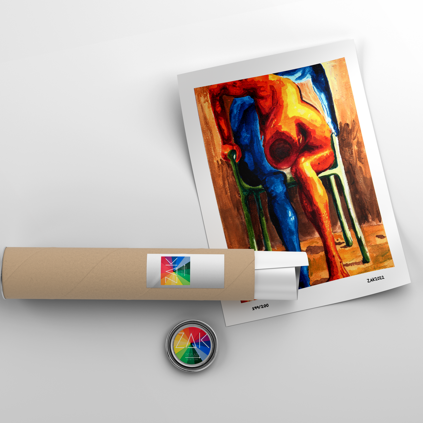 This image features a striking art print titled "Twin," which portrays an expressive and vivid illustration of a gay couple. The artwork is characterized by bold, dynamic brushstrokes in a palette of fiery oranges, blues, and greens, creating a sense of movement and emotion.