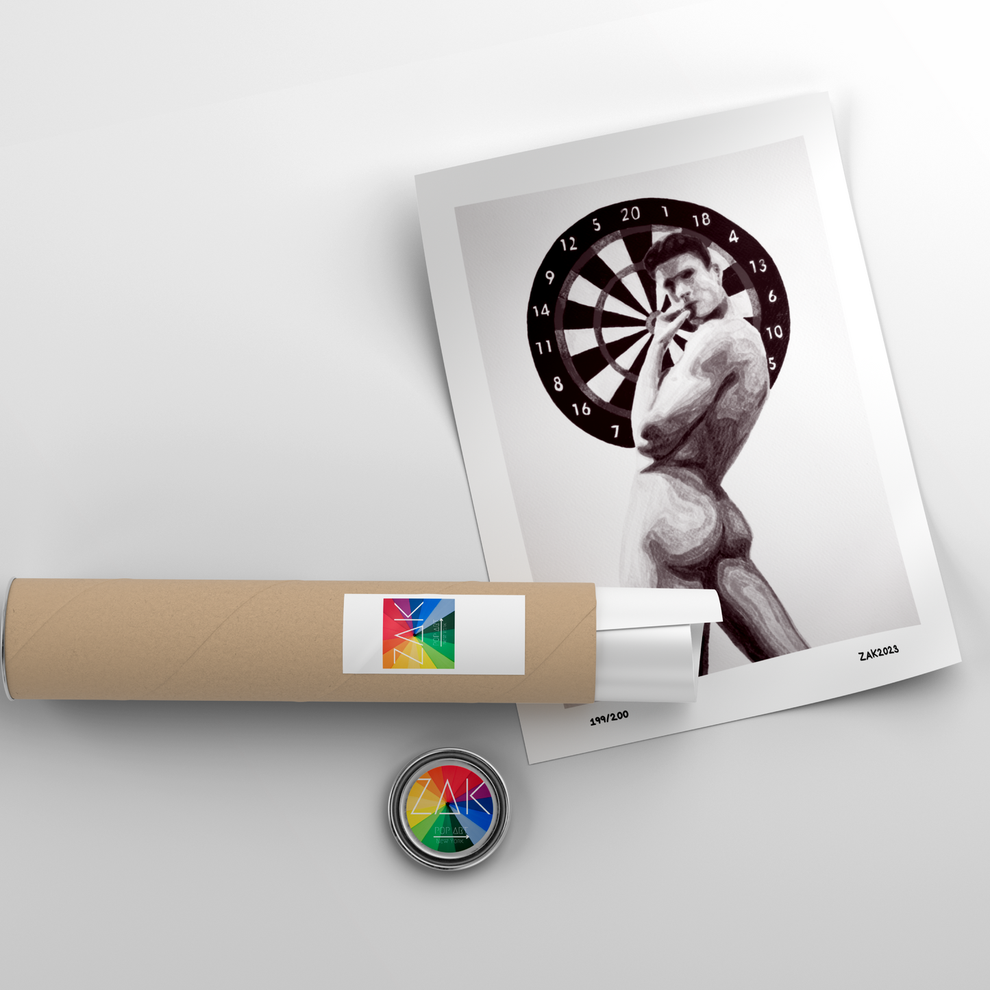 Gay Art Erotic Male Black and White Nude Dartboard Print. Perfect for LGBTQ, queer homo wall art, and contemporary gay decor