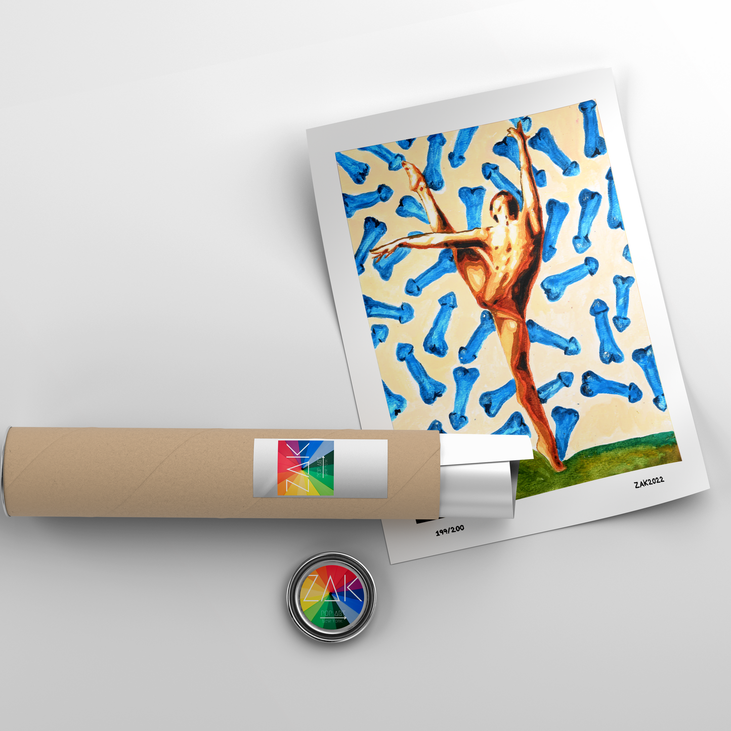 This image displays a striking watercolor art print titled "Phallic," featuring an original painting that explores playful and provocative themes. The artwork depicts a male figure balletically posed with surrounded by a vivid array of phallic symbols in shades of blue, orange, and pink.