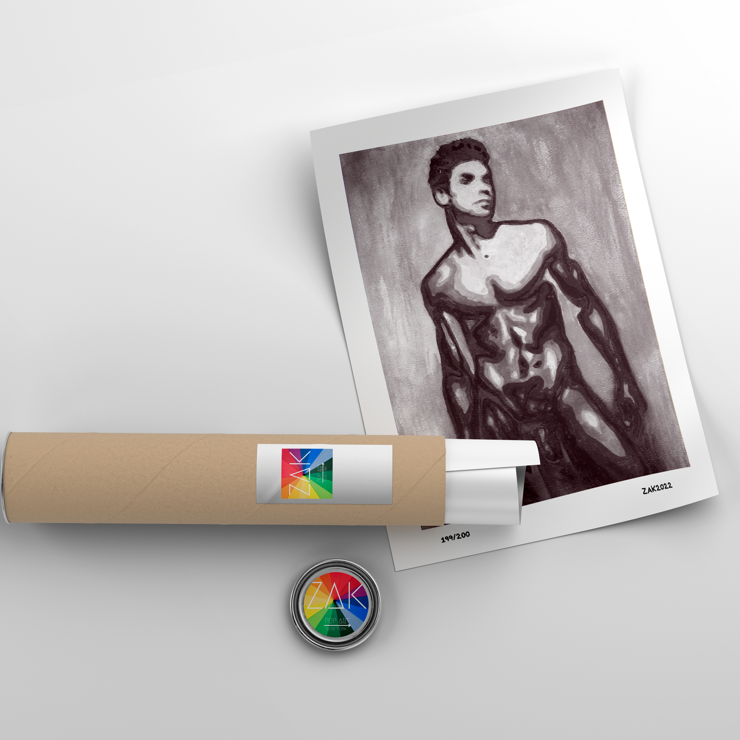 This image displays a striking black and white print titled "David 2020," created by artist Zak Mohammed. The artwork features a limited edition Giclée print of an original painting, capturing the essence of male full-frontal nudity.
