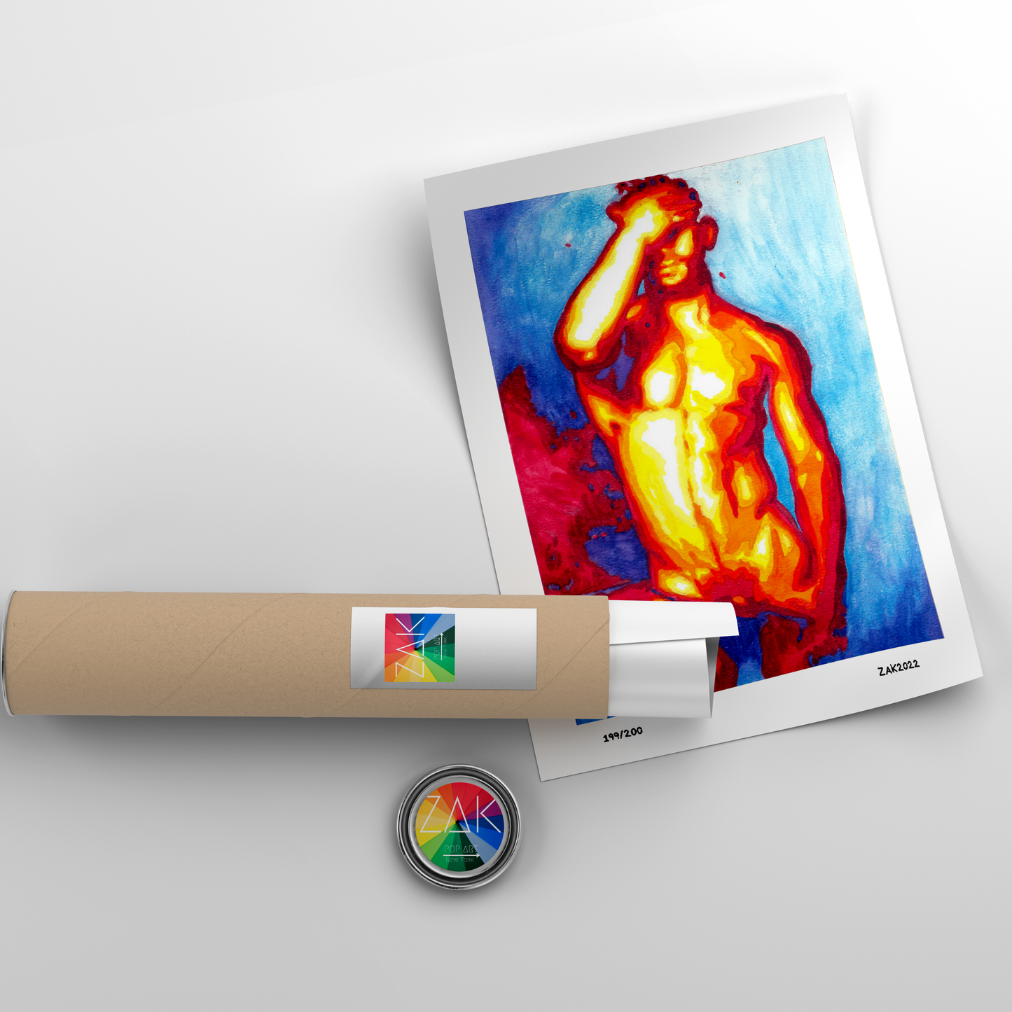 This image features a striking Giclée print titled "Full Frontal" by artist Zak Mohammed. The artwork is a vibrant and unique reproduction of an original painting, showcasing a male figure in a contemplative pose against a vividly colored background.
