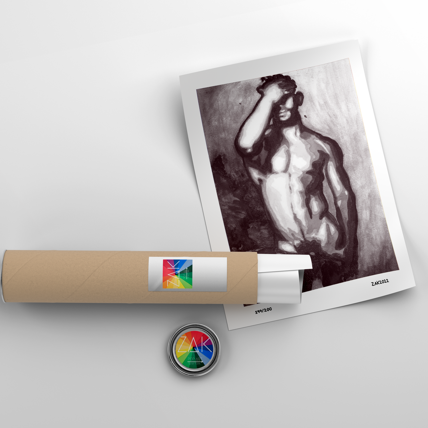 This image features a striking black and white print titled "Strip (B&W)," created by artist Zak Mohammed. The artwork is a Giclée print of an original painting, showcasing a male figure in a contemplative and expressive pose.