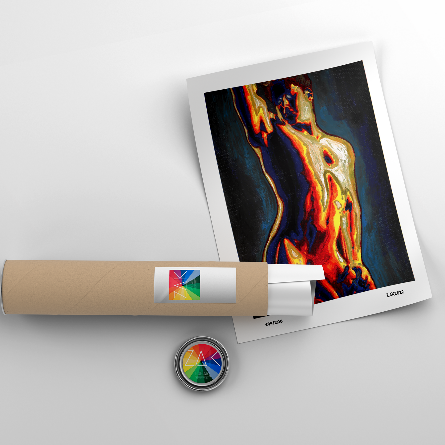 This image features an eye-catching art print titled "Statue," which is a part of the exclusive Sweet Spot collection. The artwork is a Giclée print of an original painting, showcasing a vivid and abstract depiction of a male figure.
