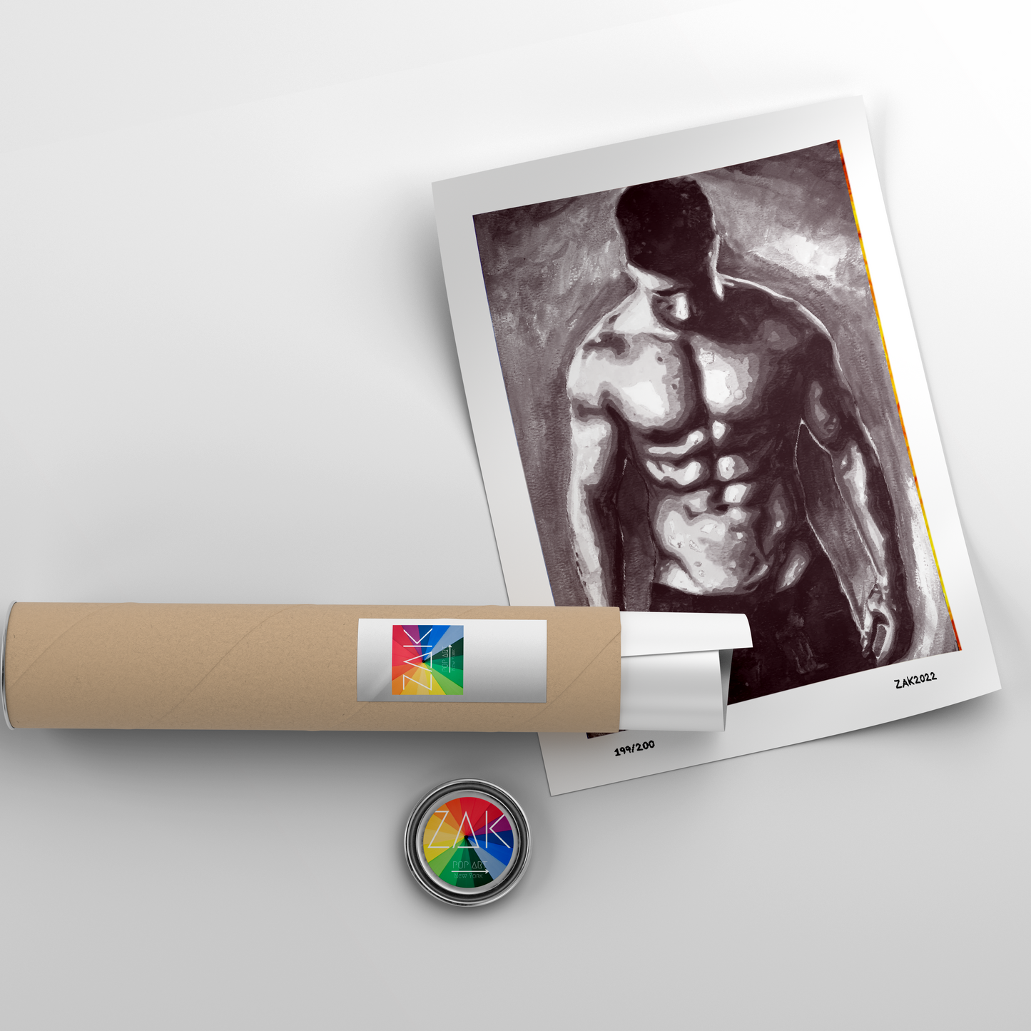 This art displays a striking black and white art print featuring a male model figure. The artwork is a limited edition Giclée print, signed and numbered by the artist, emphasizing its exclusivity and high quality.