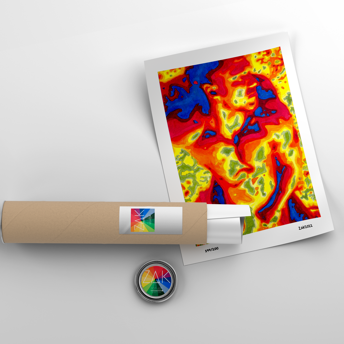 This image features a vibrant and colorful artwork titled "Sunny Day," which portrays a stylized, abstract depiction of a male nude figure. The artwork is characterized by a blend of warm and cool colors, creating a dynamic and eye-catching visual.