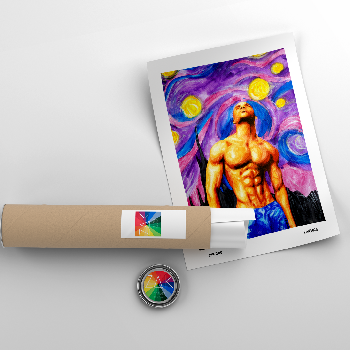 The image displays a framed art print titled "Stormy Night Passion," featuring a vibrant and colorful depiction of a shirtless male figure set against a dynamic, swirling background of stars and neon hues. The artwork, reminiscent of Van Gogh's 'Starry Night,' showcases bold, expressive brush strokes and a blend of pious and erotic themes.