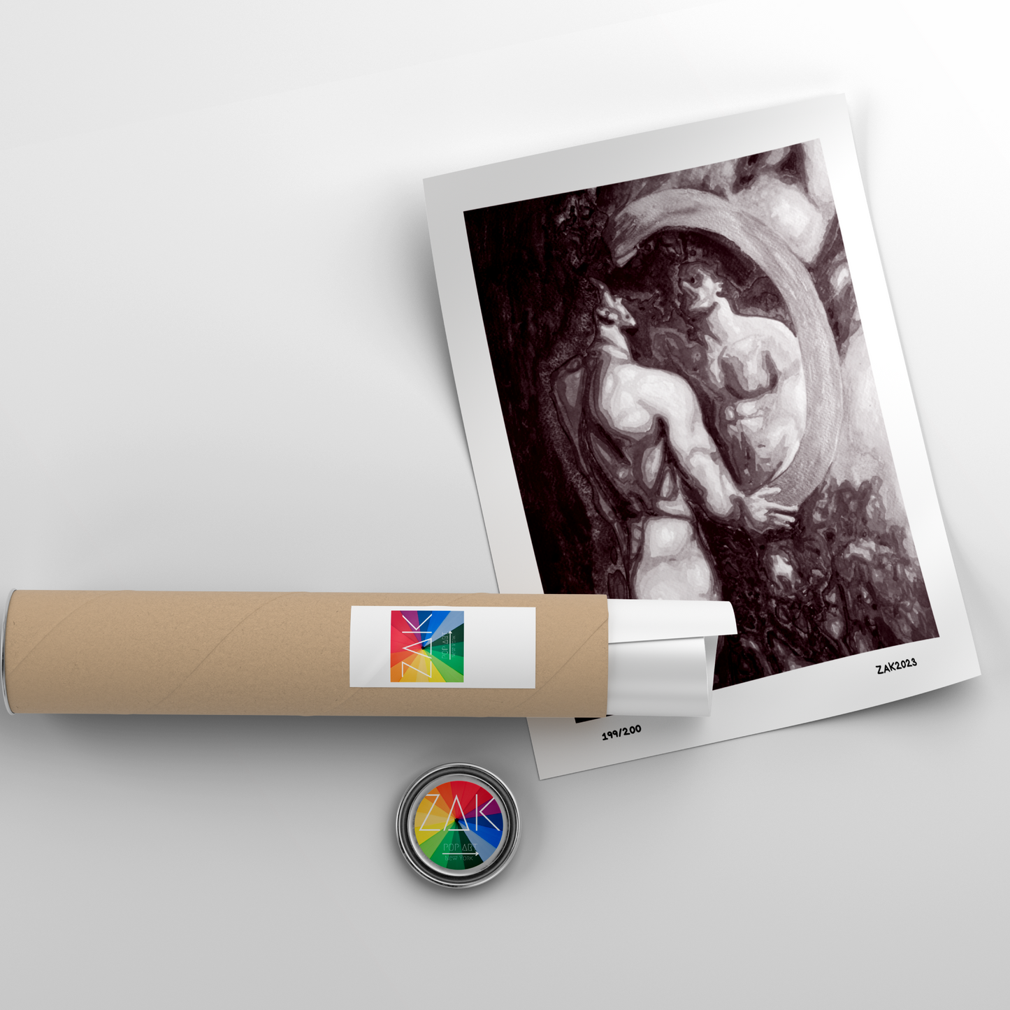 A black and white art print featuring a nude male from behind, with a reflective and contemplative pose, framed in a light wood frame.
