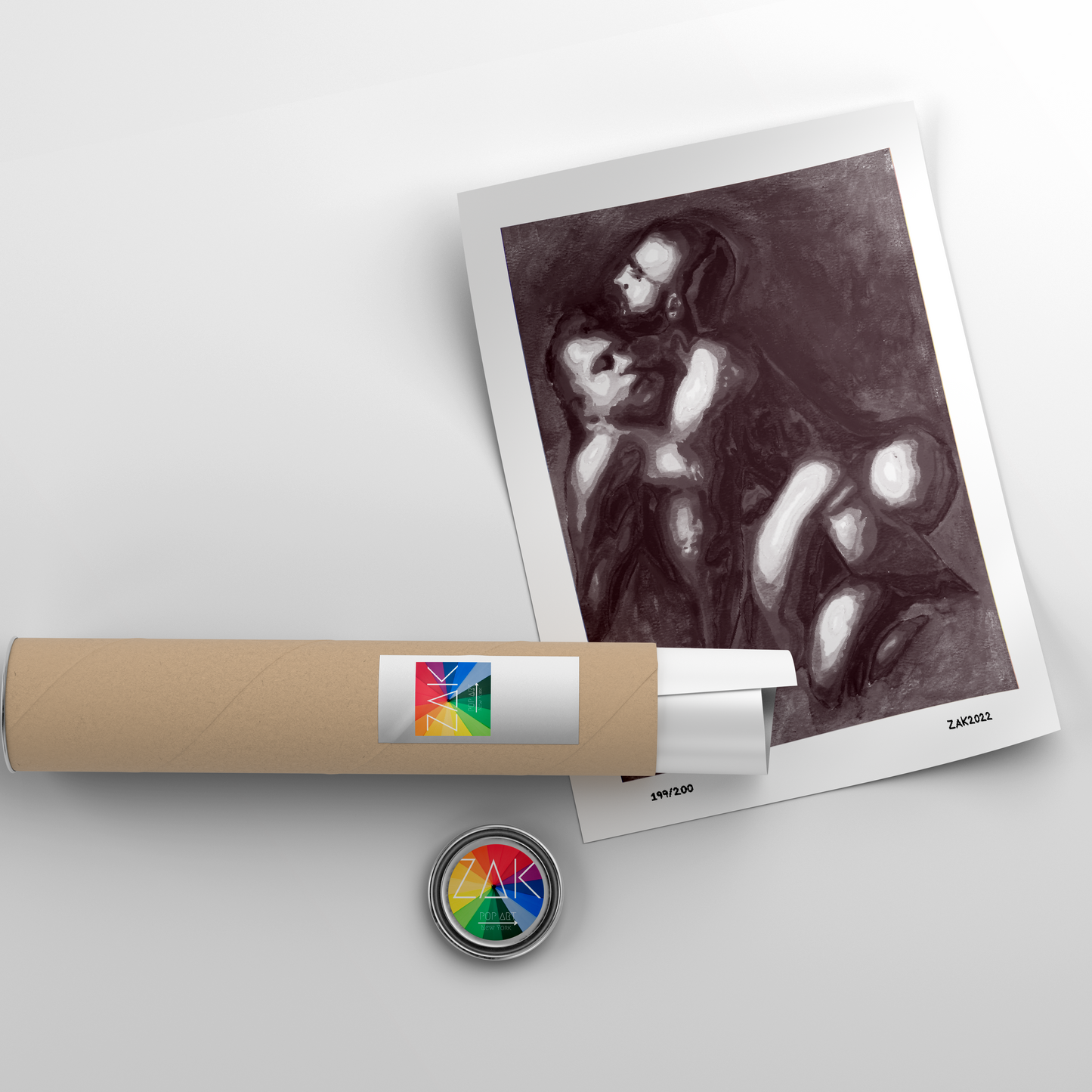 A black and white art print featuring a stylized, intimate depiction of a same-sex couple, framed within a simple rectangular frame.