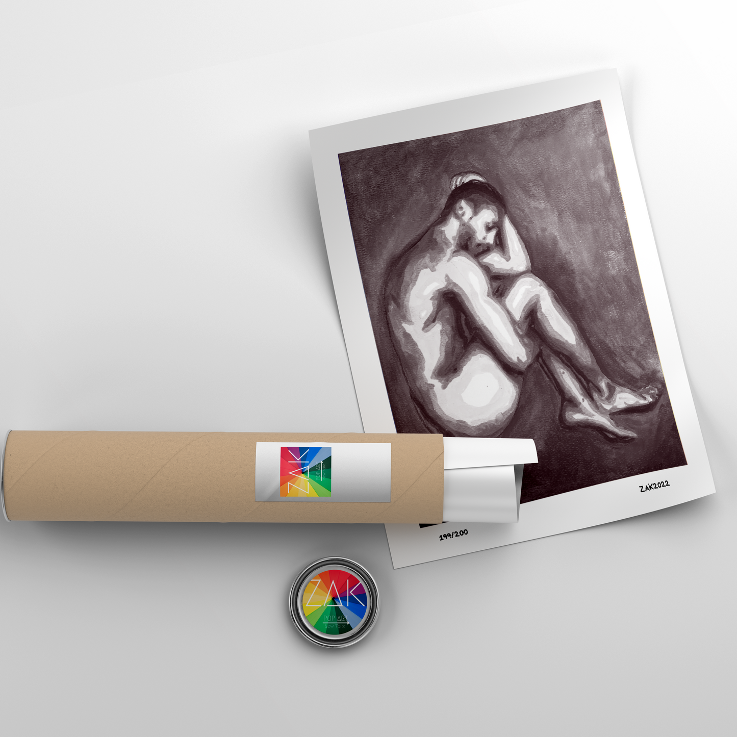 This image displays a striking black and white art print features a nuanced depiction of a male figure in a fetal position, showcasing a high-contrast monochrome palette that emphasizes the contours and posture of the figure.